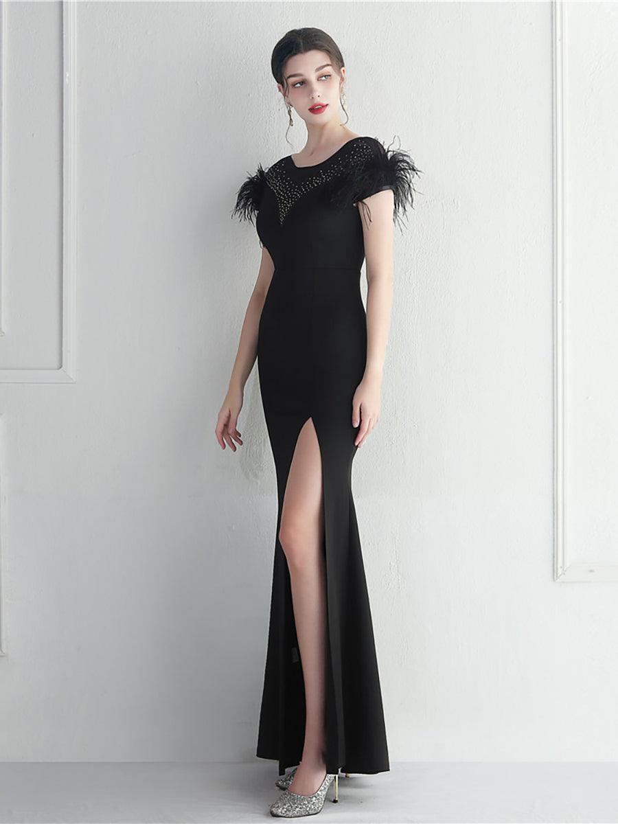 Cocktailkjole med mesh-panel og rhinestone-fjer MCW1137
