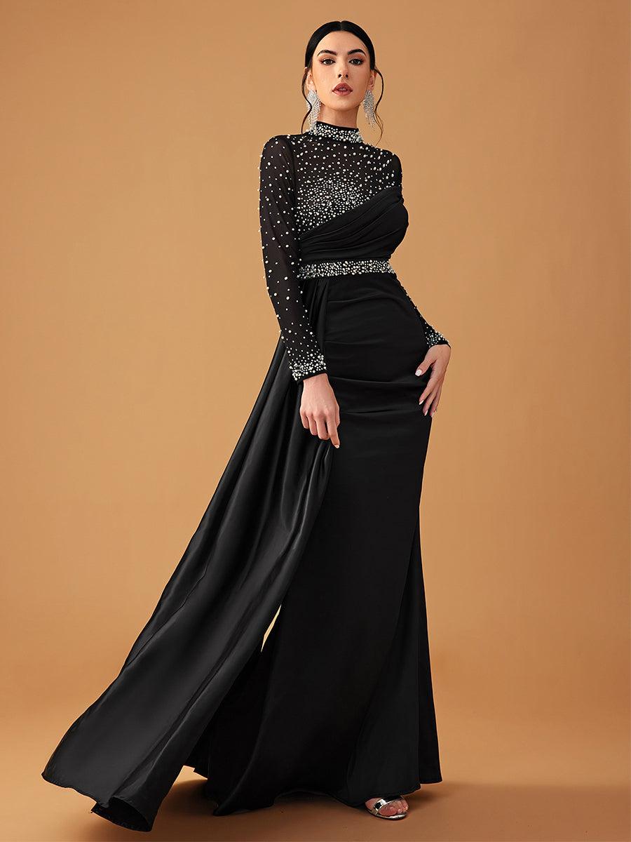 Elegant aftenkjole med netperler og rullekrave i satin GM90146