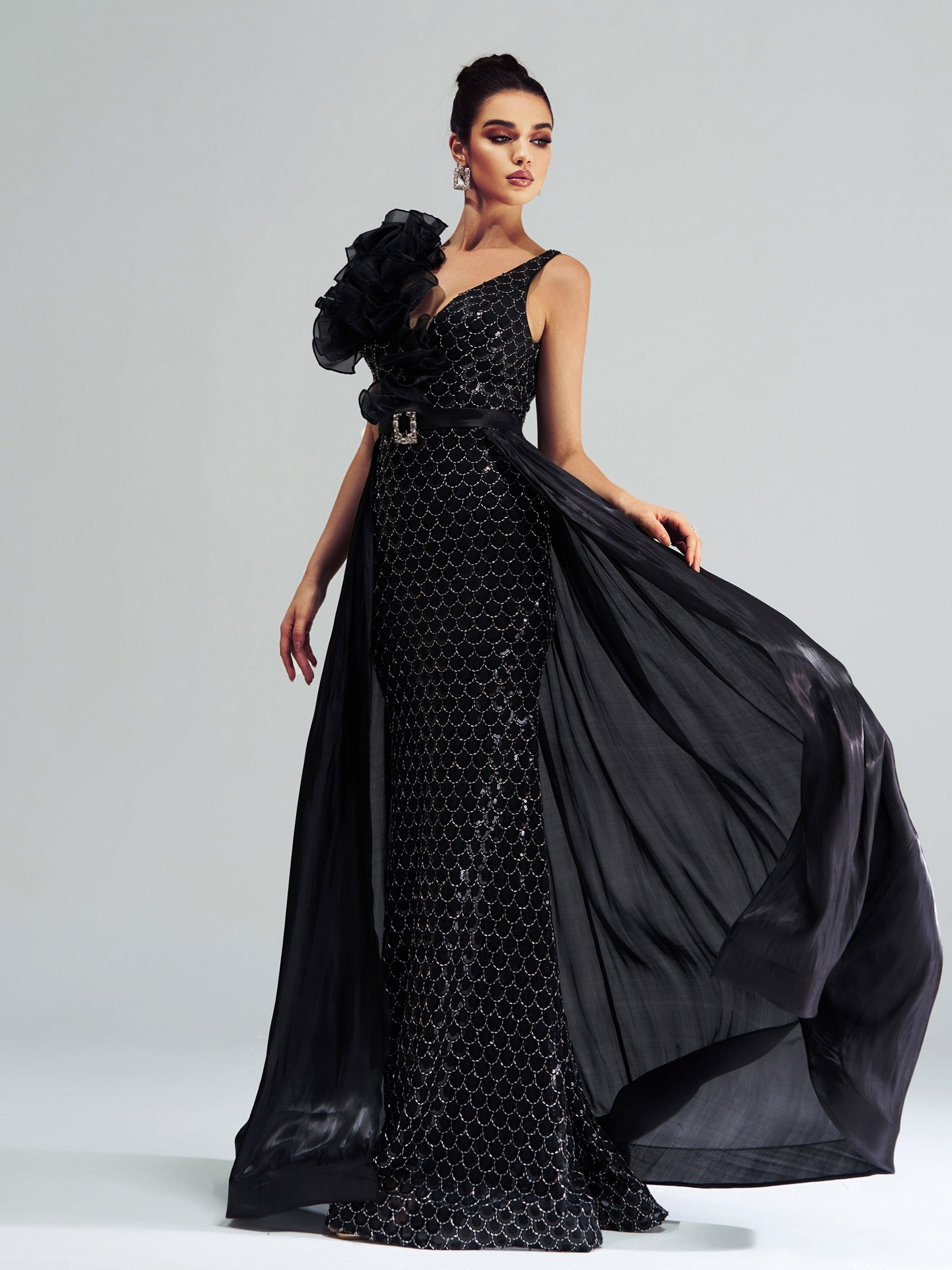 Ruffled Backless Mesh Cape Aftenkjole DH80079