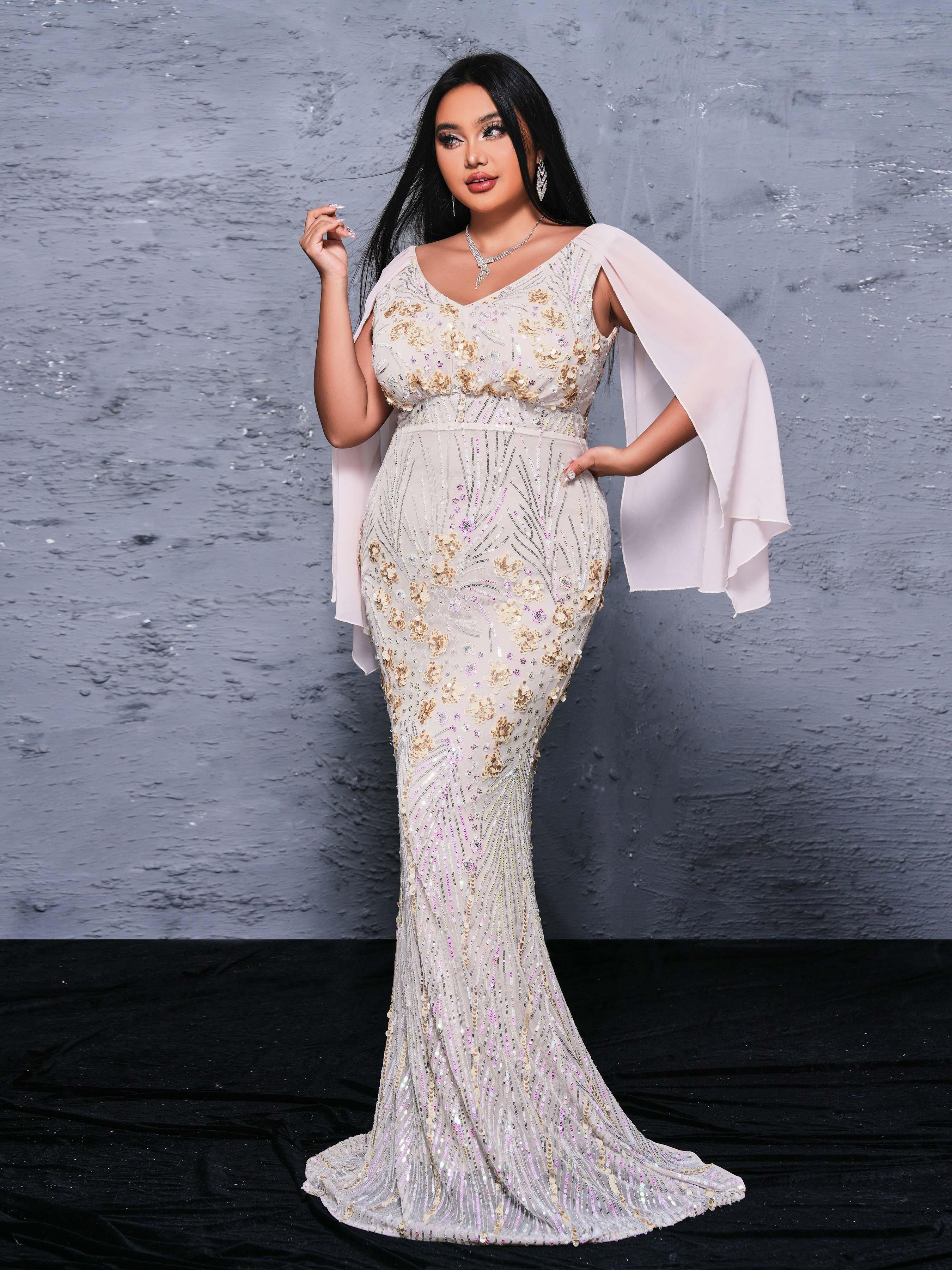 Plus Size paljett V-hals havfruekjole PRX70154