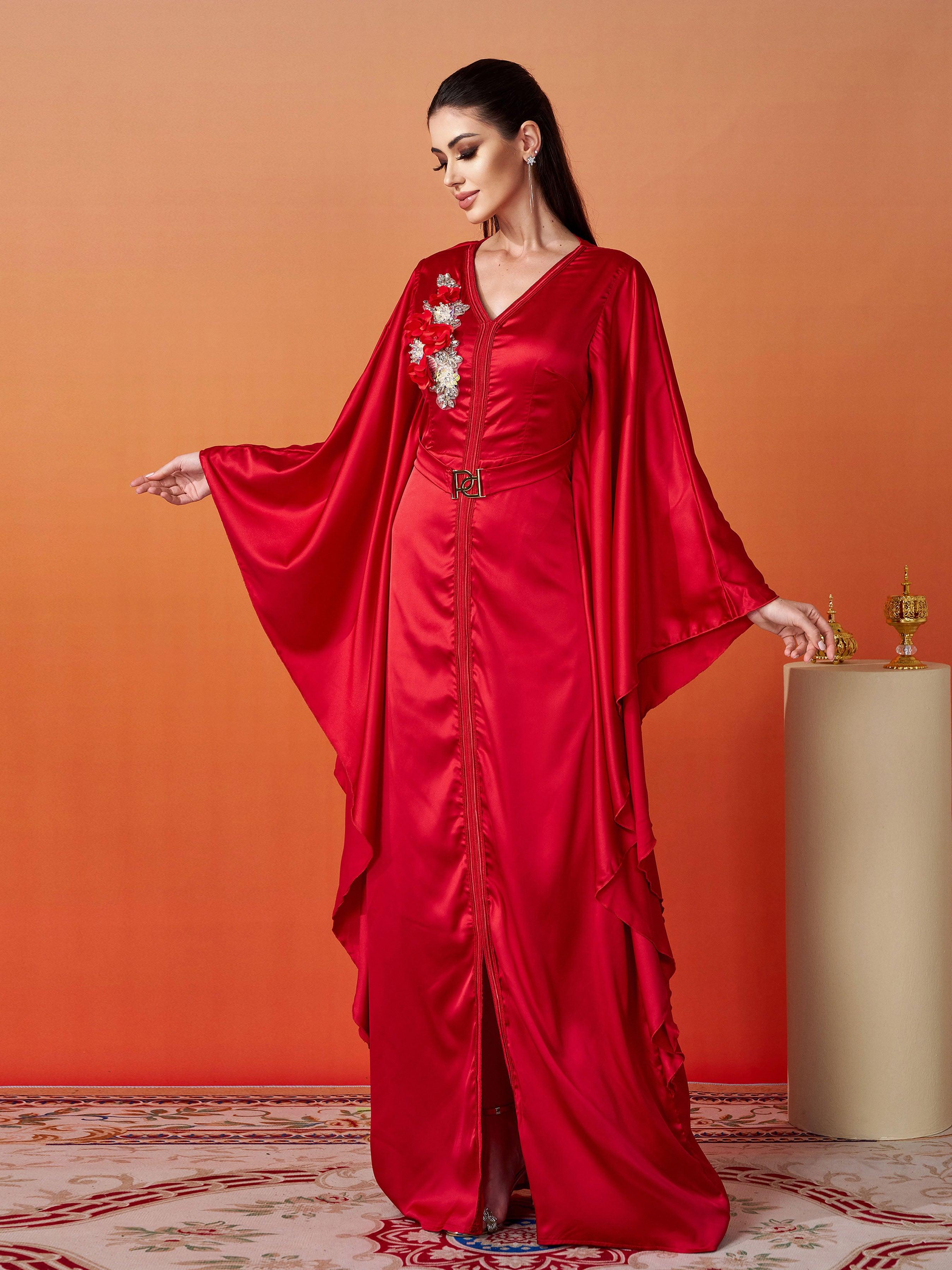 Vestido elegante de cetim com manga em V e decote em morcego MES00420