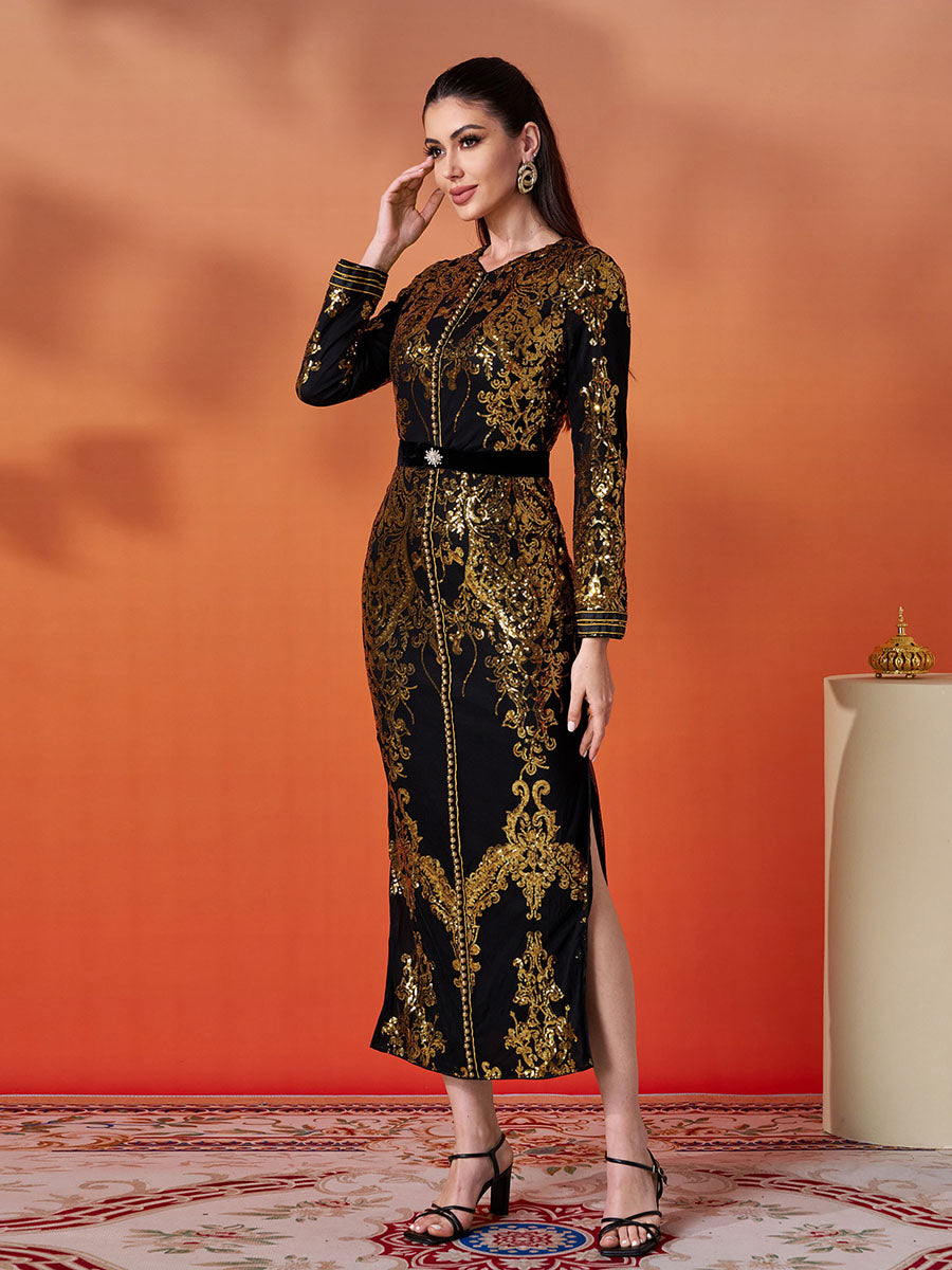 Vestido formal de cintura alta com lantejoulas em contraste MES00431