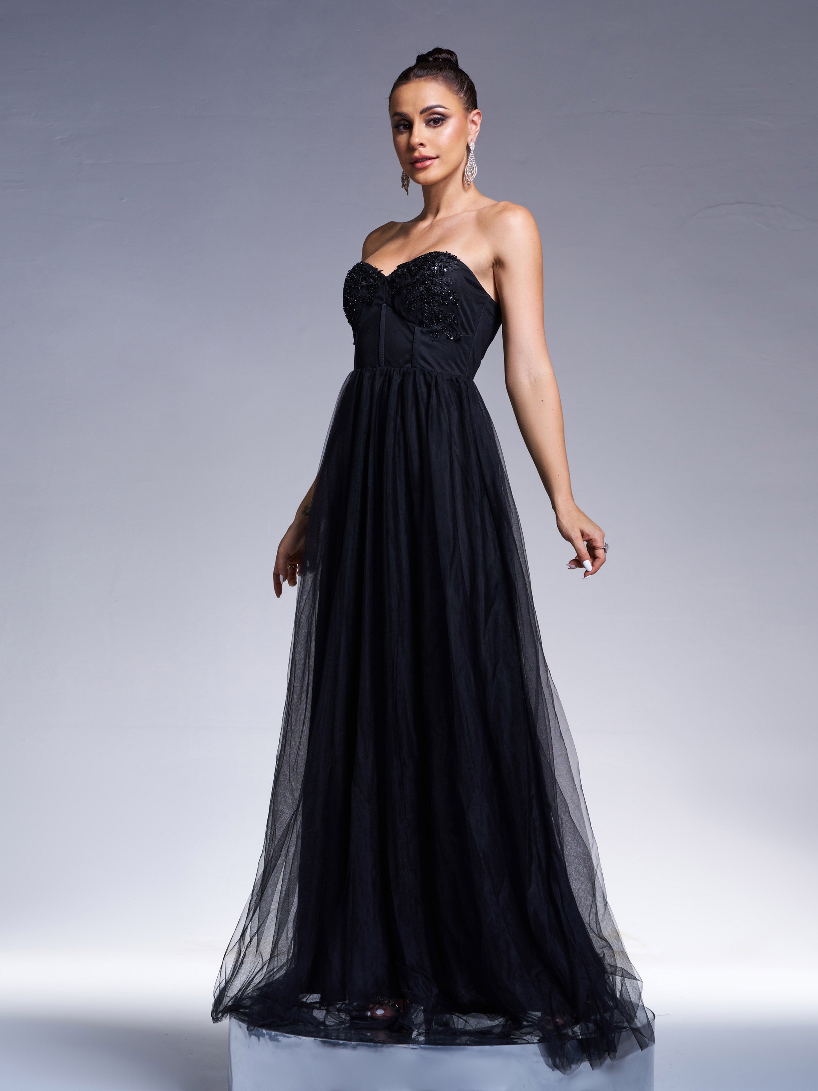 RH30953 Sequin Tulle A-Line Kjole med Tube Top