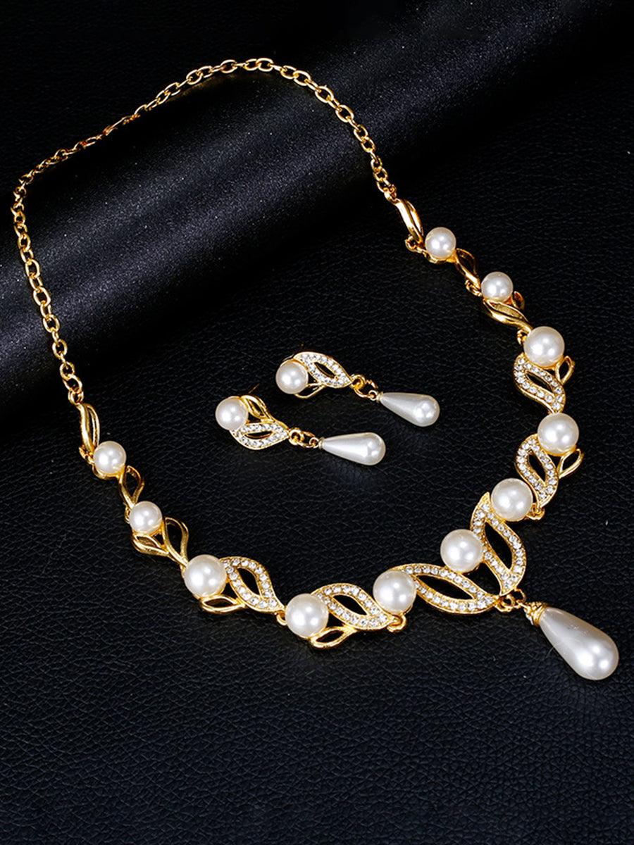Parure collier et boucles d'oreilles en or avec perles en forme de larme MRL20001