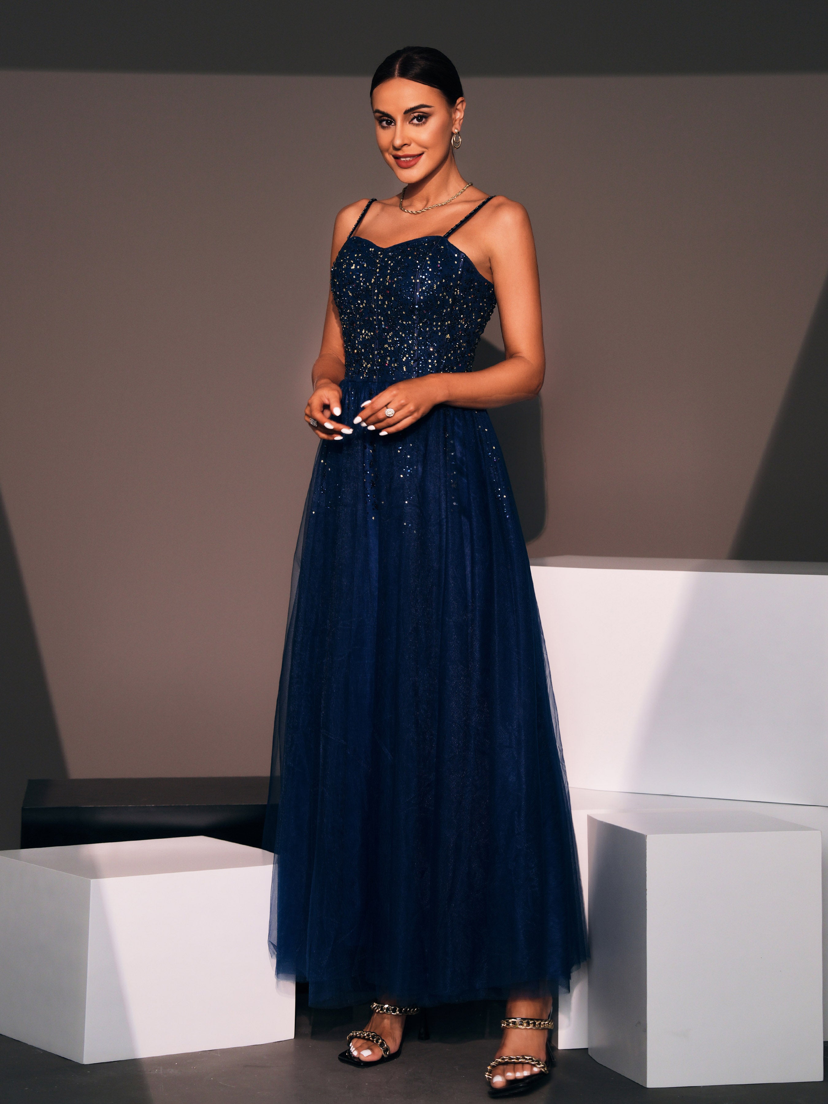 GM90058 Rhinestone Spaghetti Strap Mesh Dress