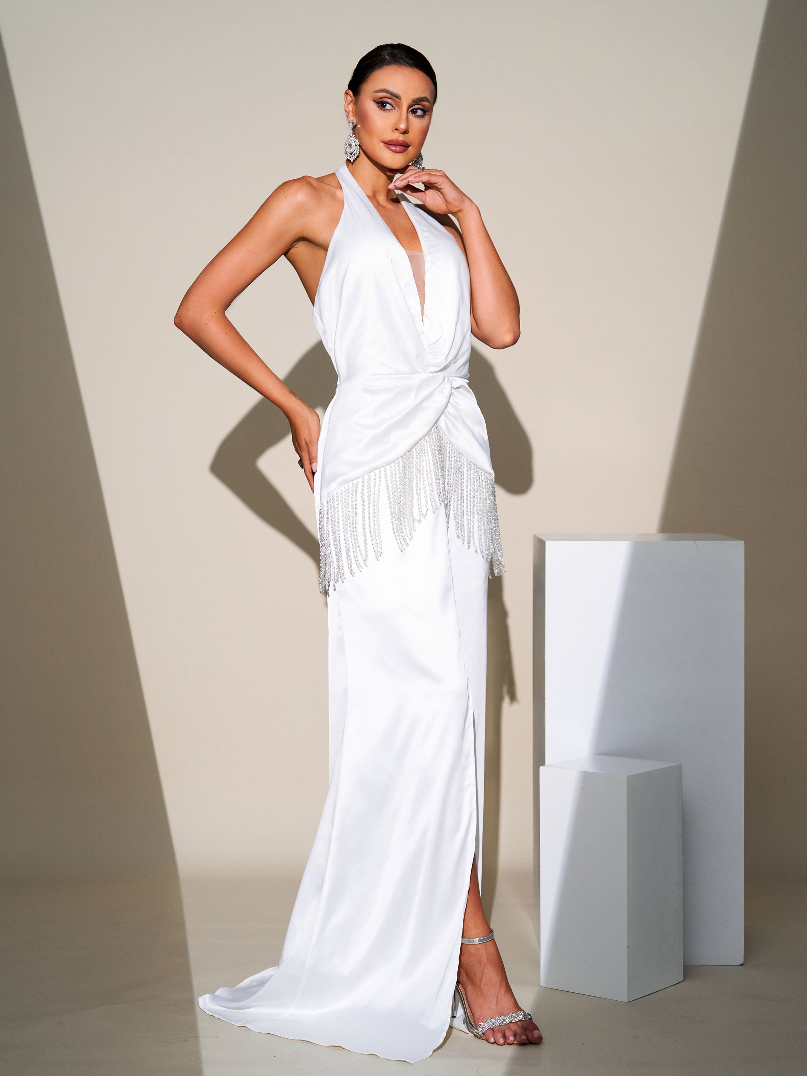 RX70011 Rhinestone Slit Backless Dress