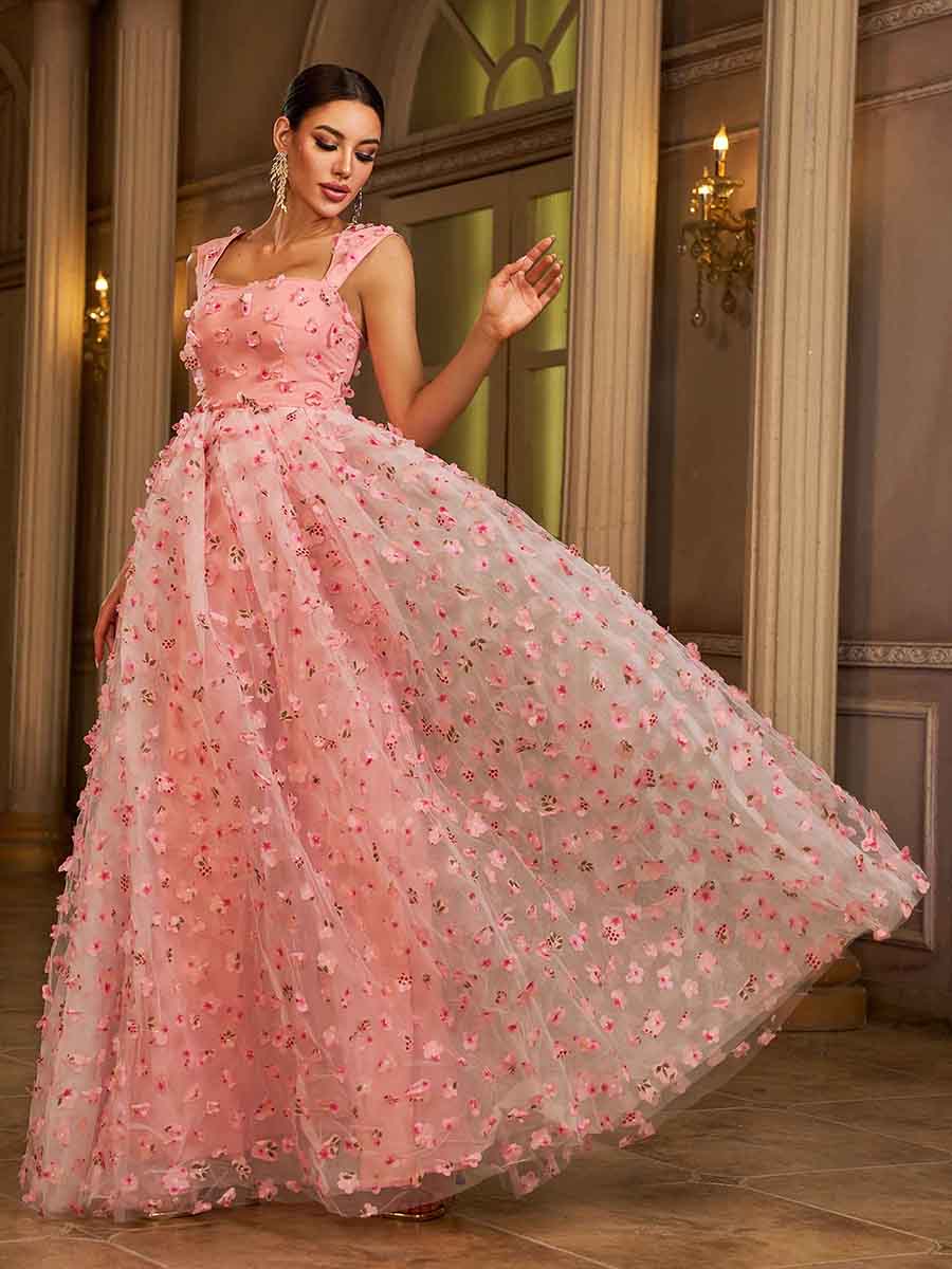 Vestido de tule floral com apliques e camisola cor-de-rosa GM00142