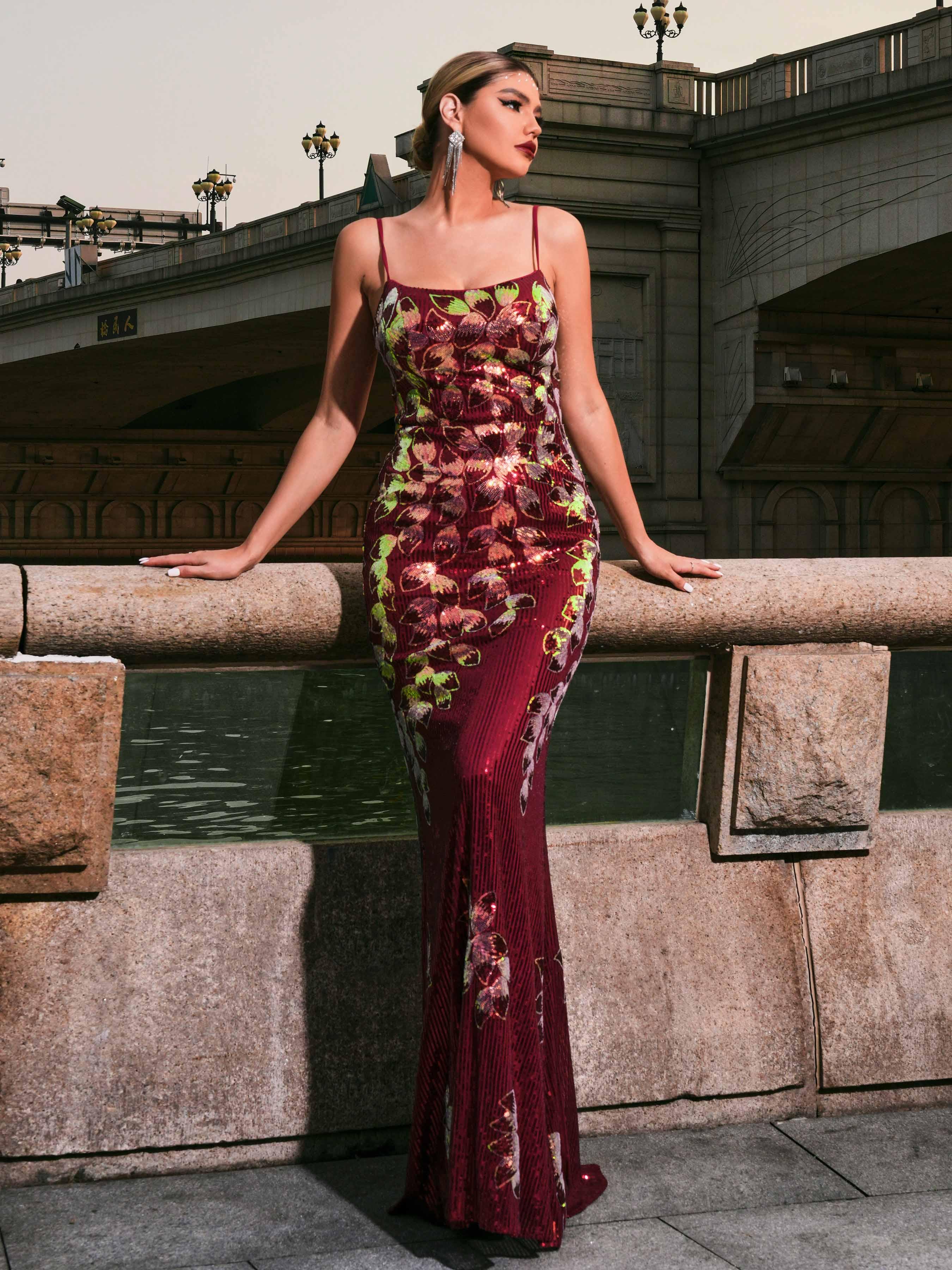 Spaghetti Leaf Sequin Mermaid Prom Dress RJ11052