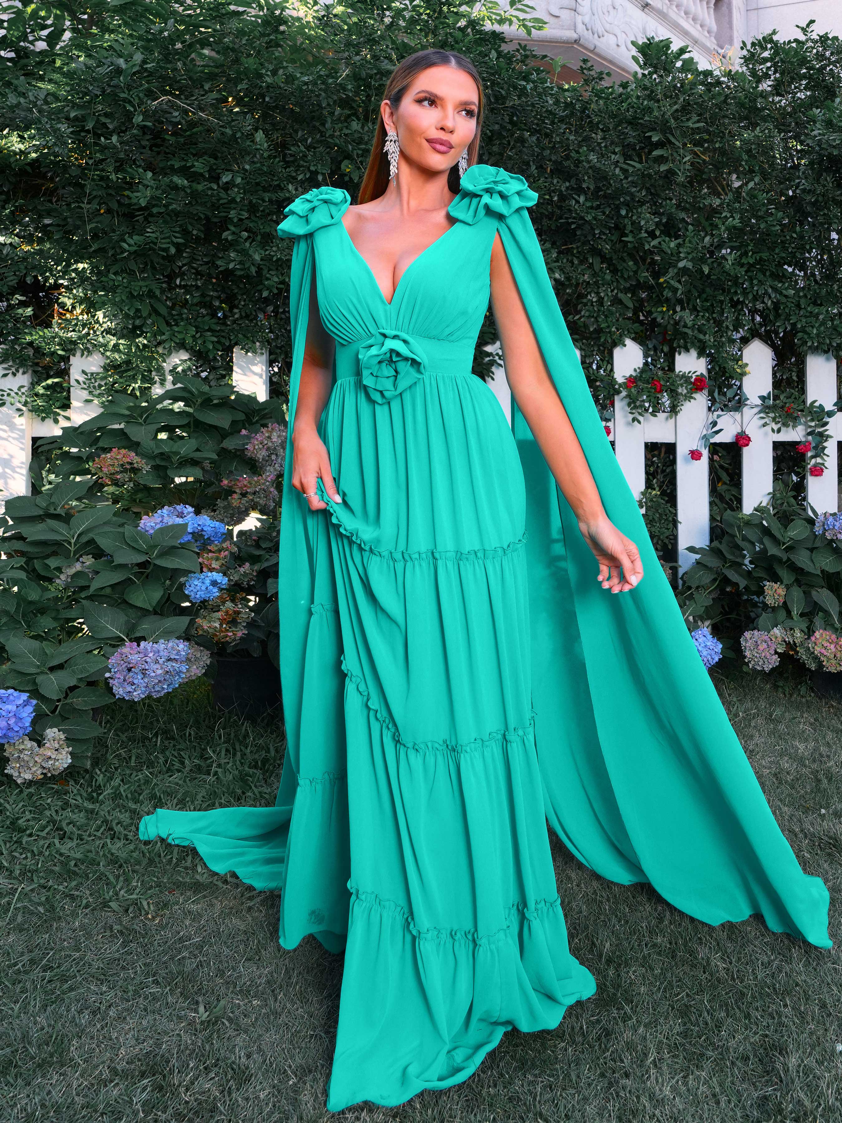 RM20770 Floral Chiffon A-Line Prom Dress med applikationer