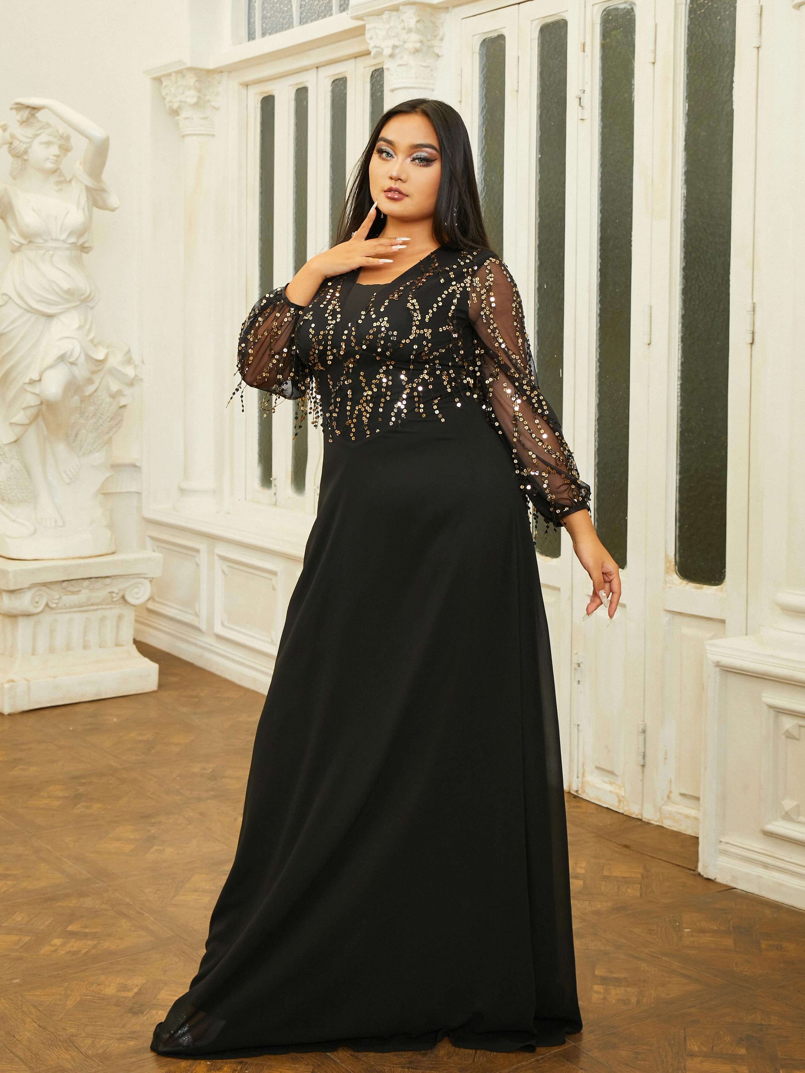 Plus Size Panel V-hals A-line Prom Dress PRM20910