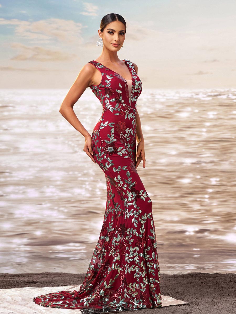 Vestido de baile sereia floral com decote em V e lantejoulas RJ10790