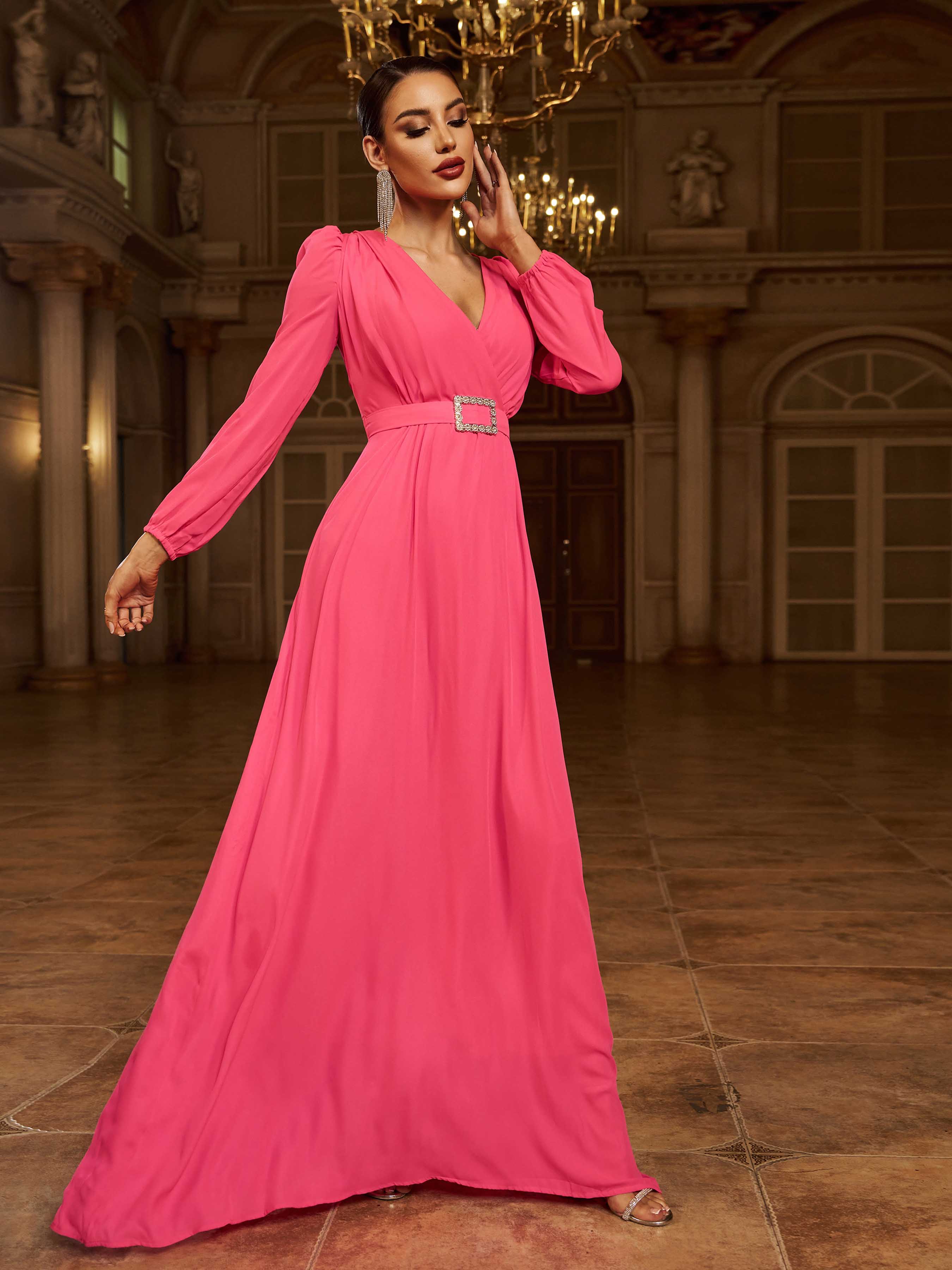 Formel V-hals A-Line Rose Red Chiffon Prom Dress XJ402