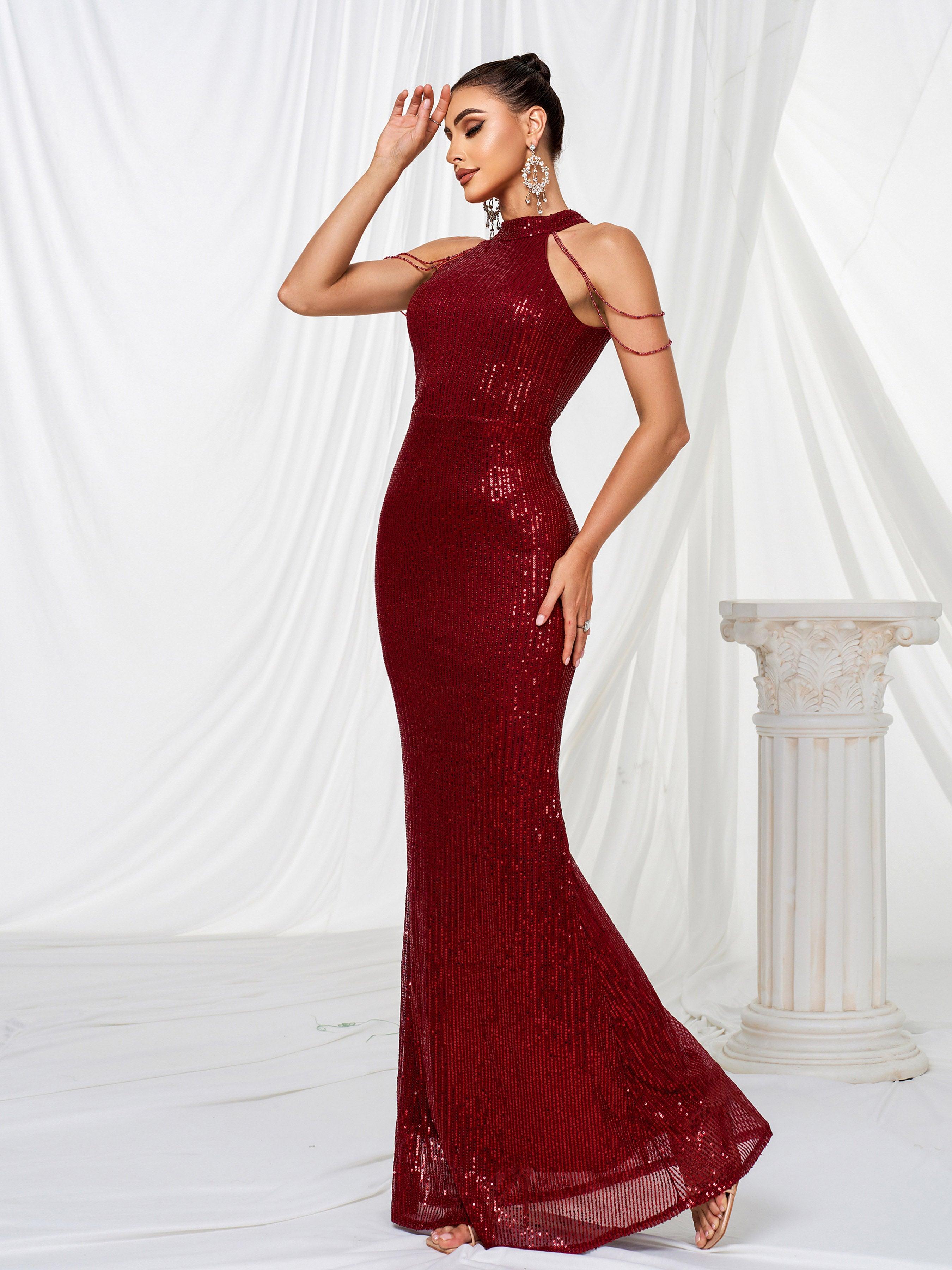 Vestido de baile formal com lantejoulas e decote haltere RJP1081