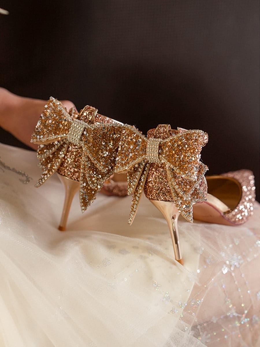 Sapatos de salto alto com decoração de lantejoulas e laço MHE1062