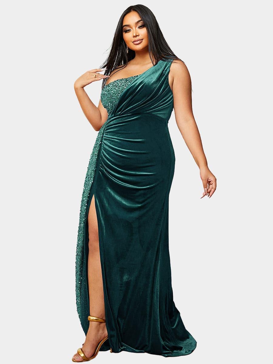 Vestido de baile de lantejoulas drapeado com um ombro, borgonha, tamanho grande PXH2356