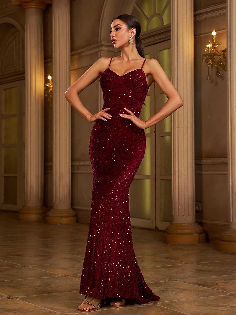 Vestido de lantejoulas sem costas com alças finas XJ1646