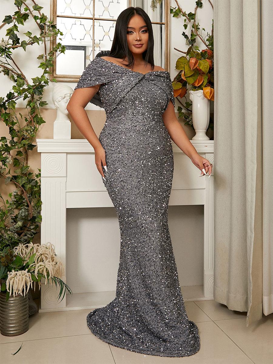 Plus Size havfruekjole med paljett uten skulder PWY108