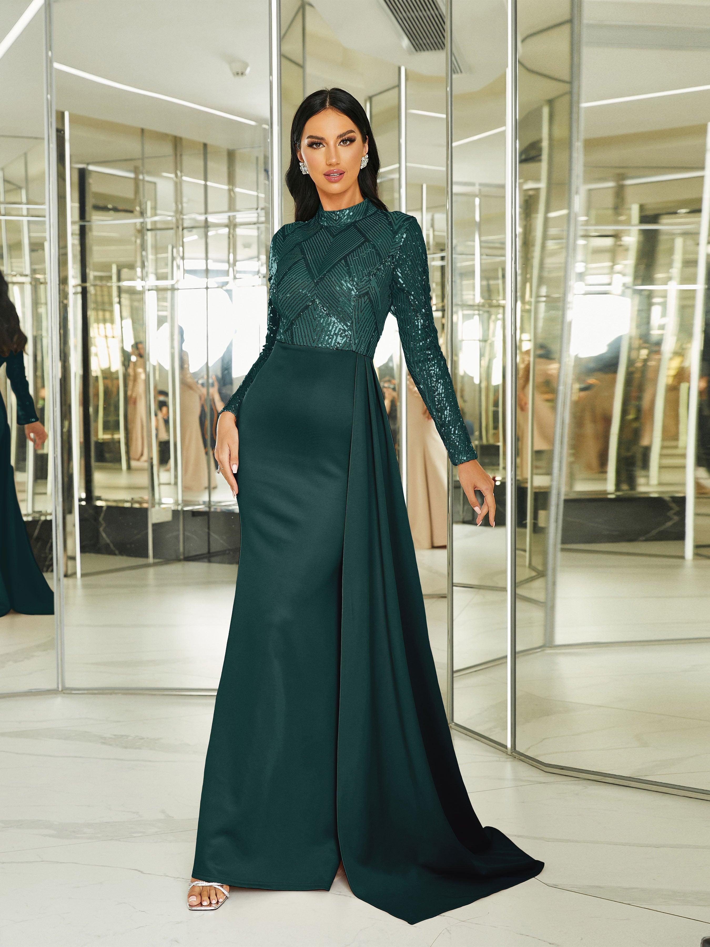 Vestido formal com lantejoulas de manga comprida drapeado M02153
