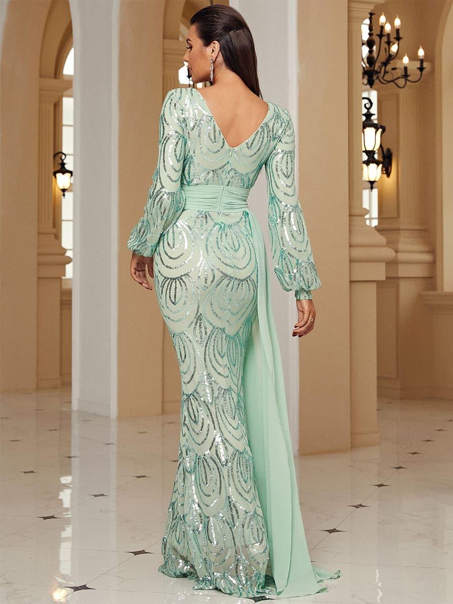 Vestido formal drapeado com lantejoulas e manga comprida XJ1524
