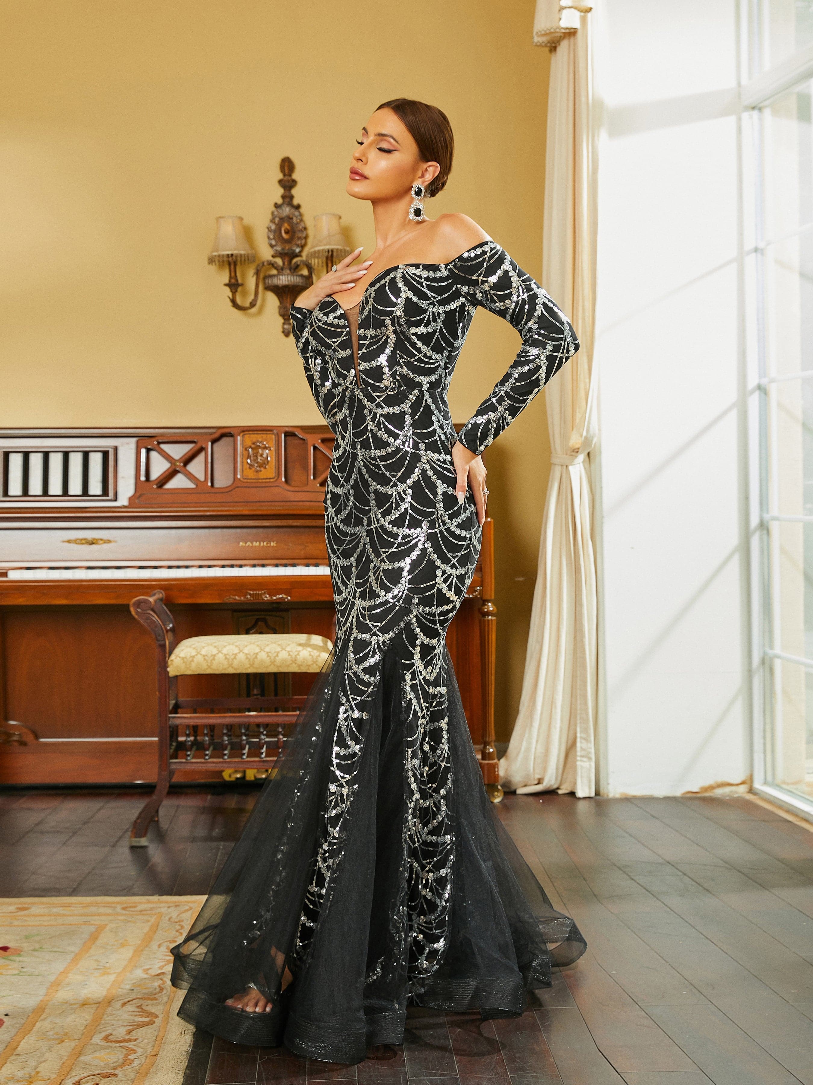 Langærmet off shoulder paillet havfrue brudekjole XJ1718