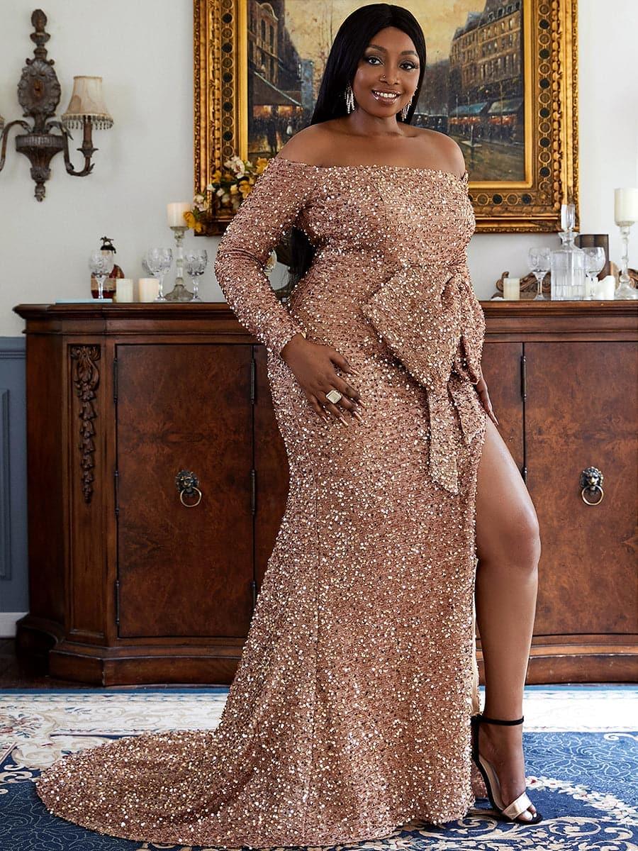 Vestido formal com nó e laço para tamanhos grandes PXH2122