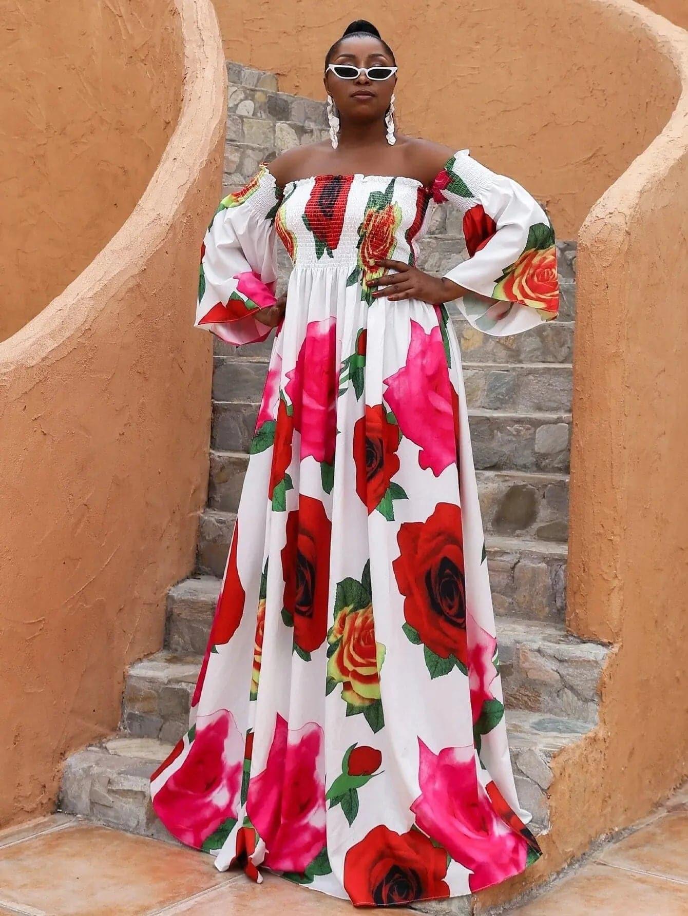 Missord Plus P0121 Vestido Bardot Estampado Floral Ruched