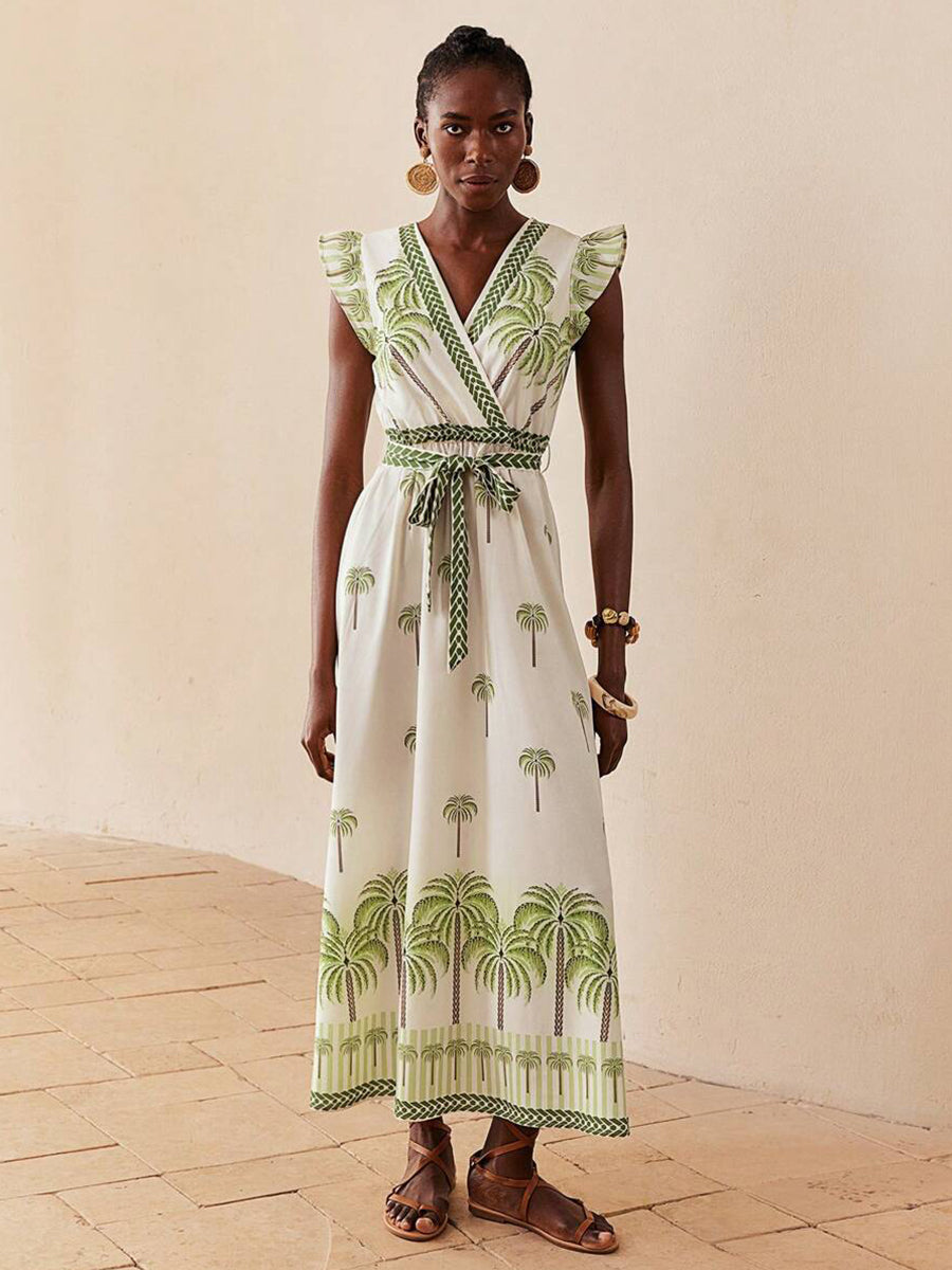 Wrap Ruffled Printed Plants Vacation Dress YF25538