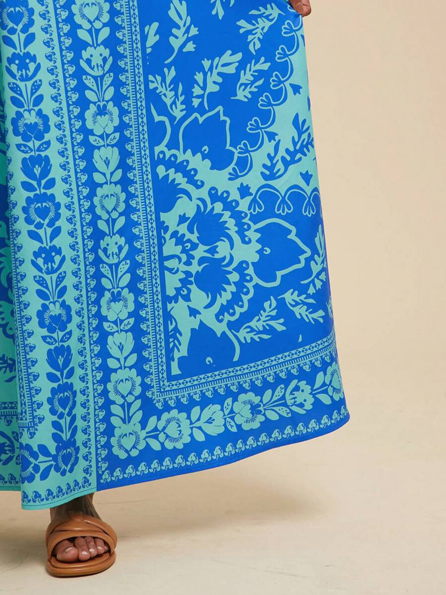 Blå Tribal Halter Backless Vacation Dress YF25526