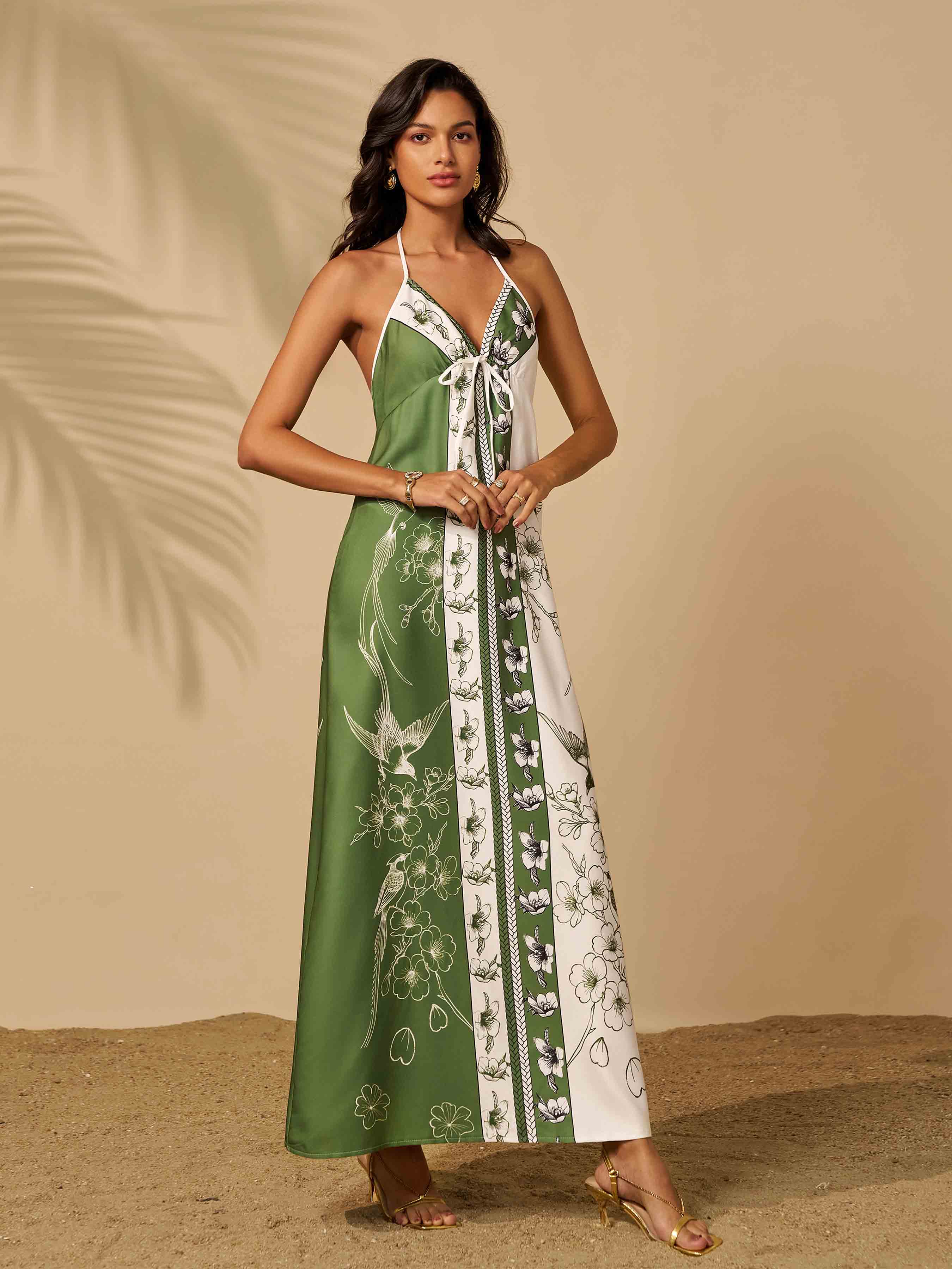 Vestido de férias sem costas estampado em blocos de cores verdes SX40053