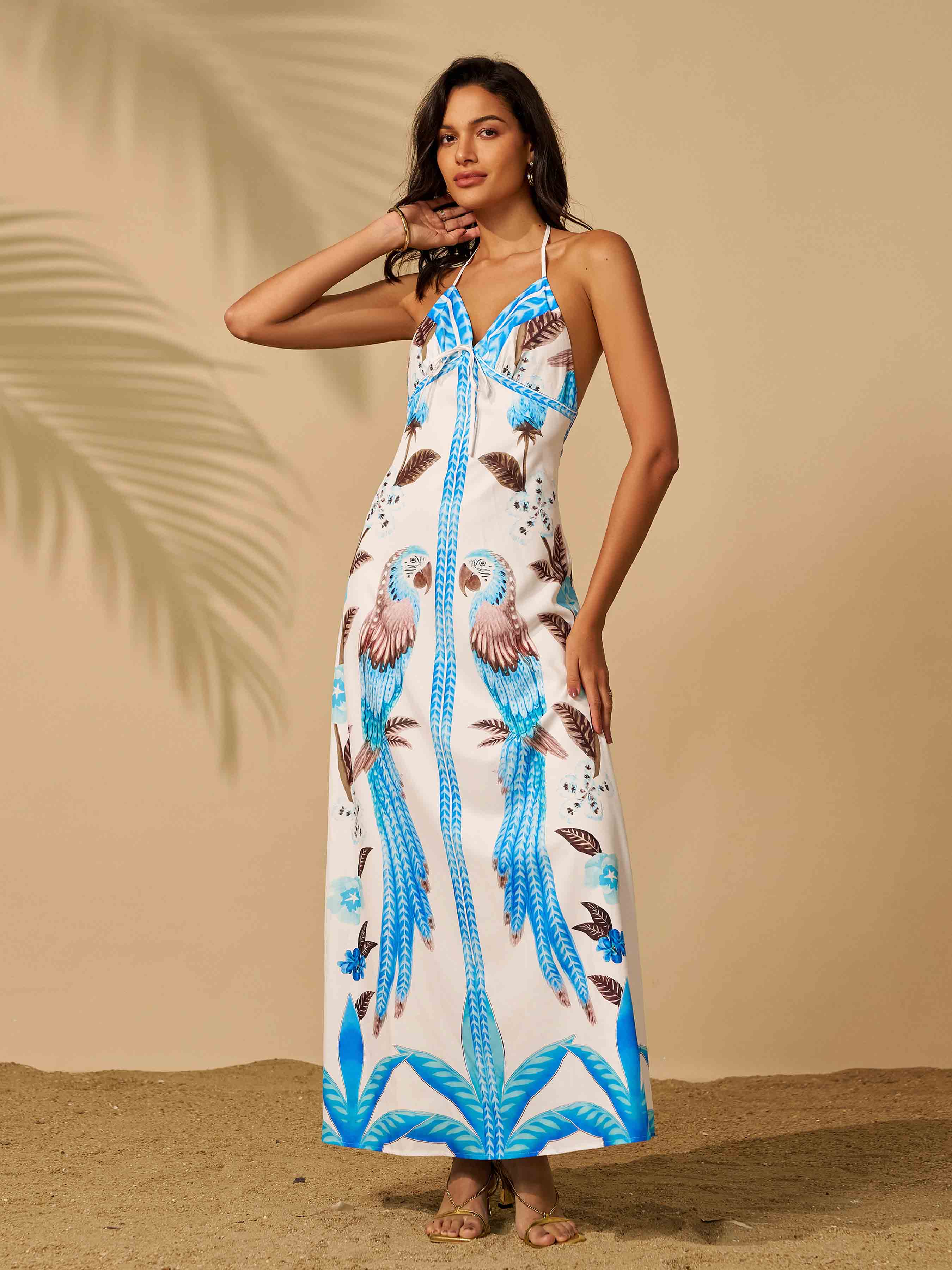 Blue Parrot Halter Backless Vacation Dress RX70478