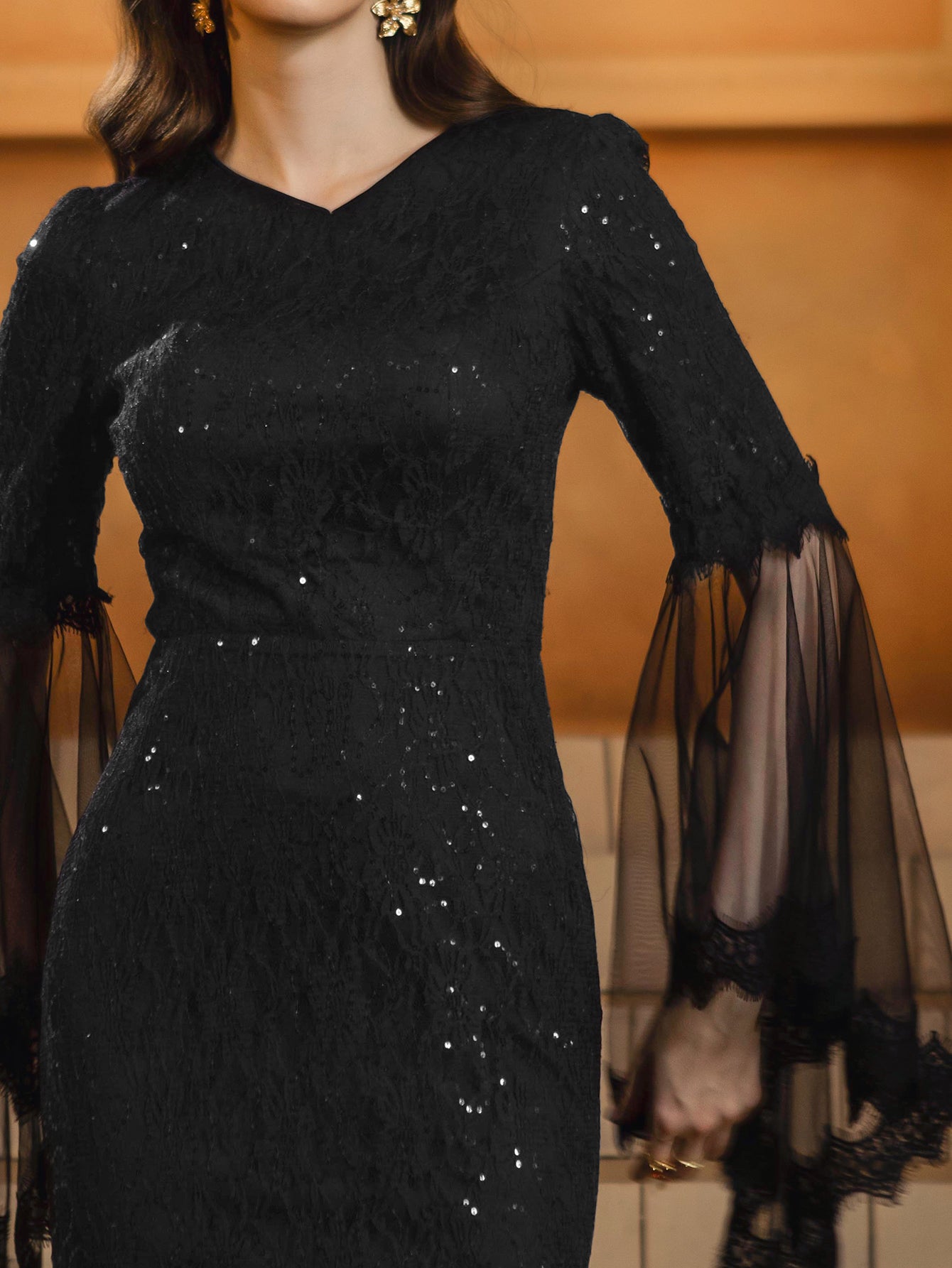 Sort V-udskæring Gothic Sequin Prom Dress DH80410