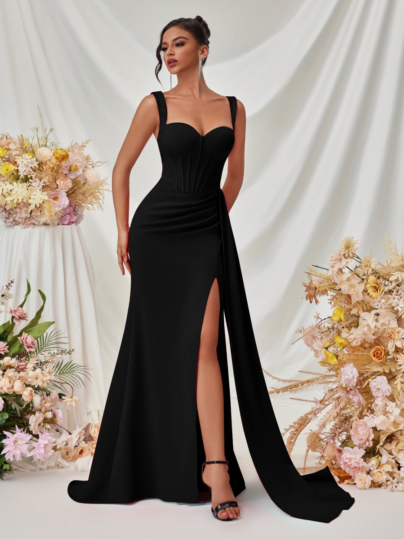 Sweetheart Neck Corset Draped Maxi Prom Dress XF05705