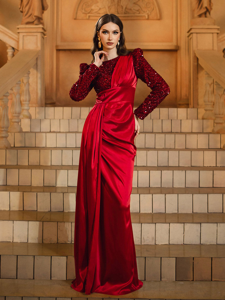 Vestido de Baile de Manga Comprida Ruched com Painel Vermelho DH80422