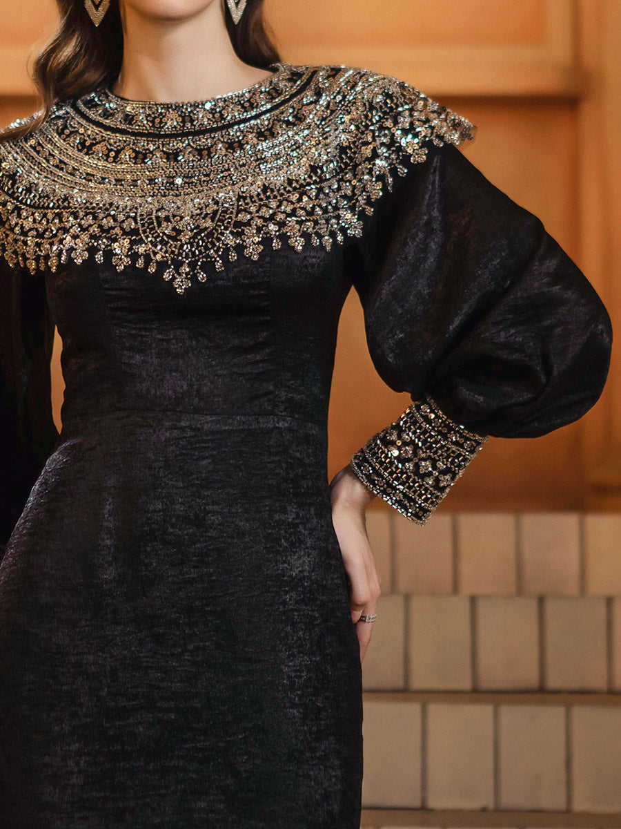 Pailletter Cape Collar Sort Muslimsk kjole MES72143