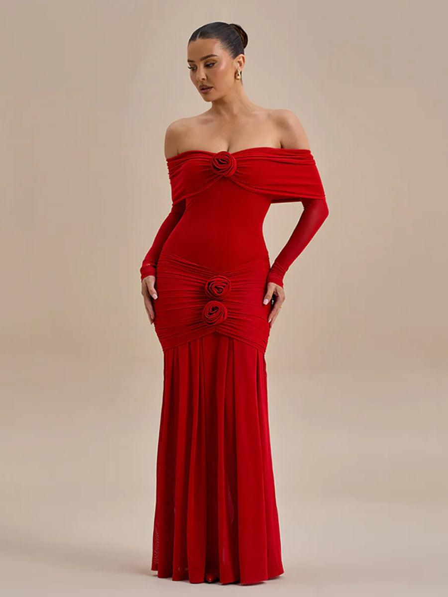 Vestido de baile com folhos florais e sem ombros MYC2028