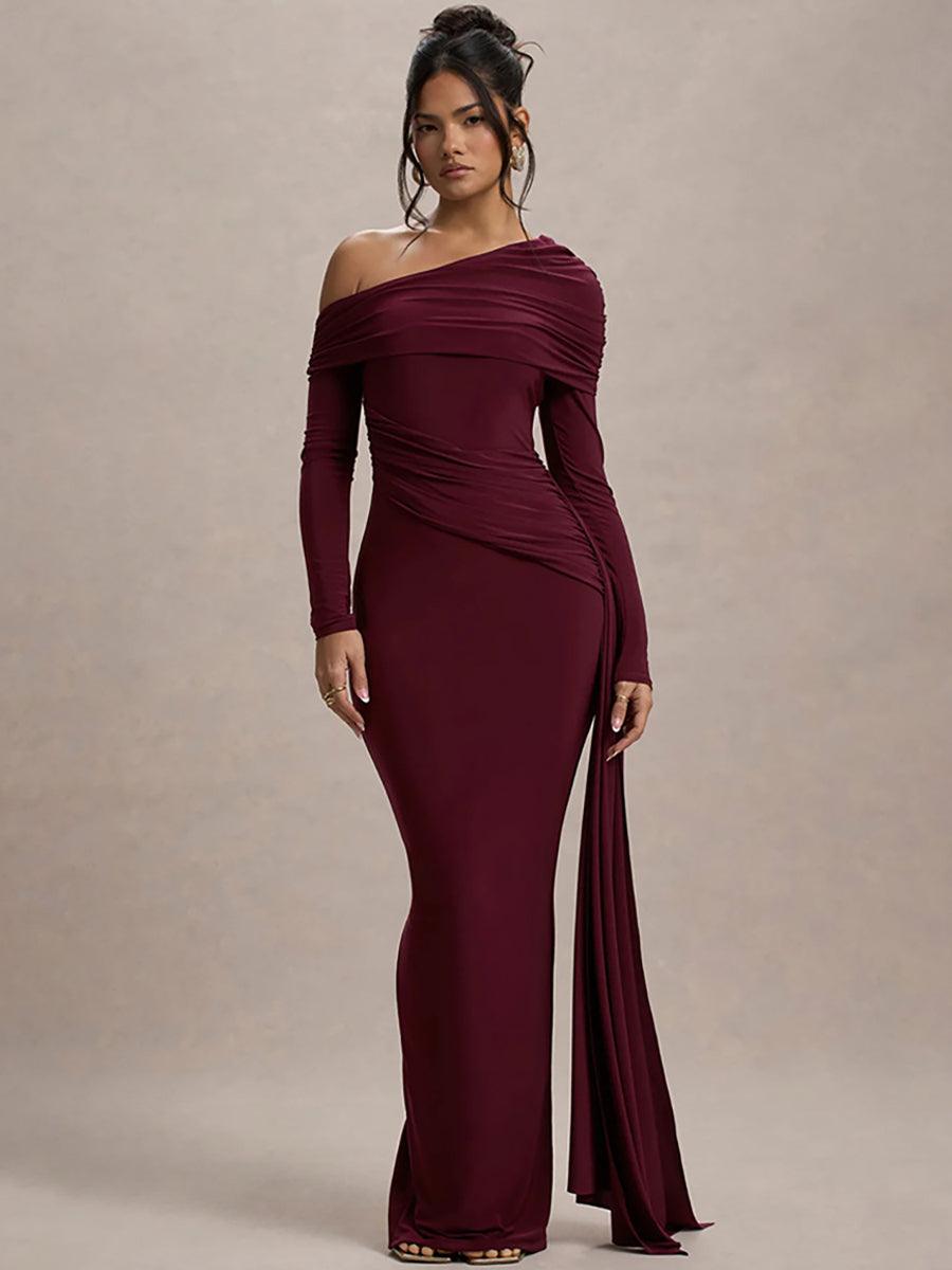 MYC2024 Solid Ruched Boat Neck Ribbon Prom Dress