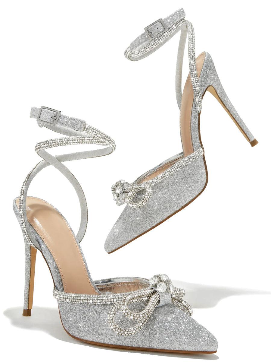 Sapatos finos e pontiagudos com laço e strass MHE1117