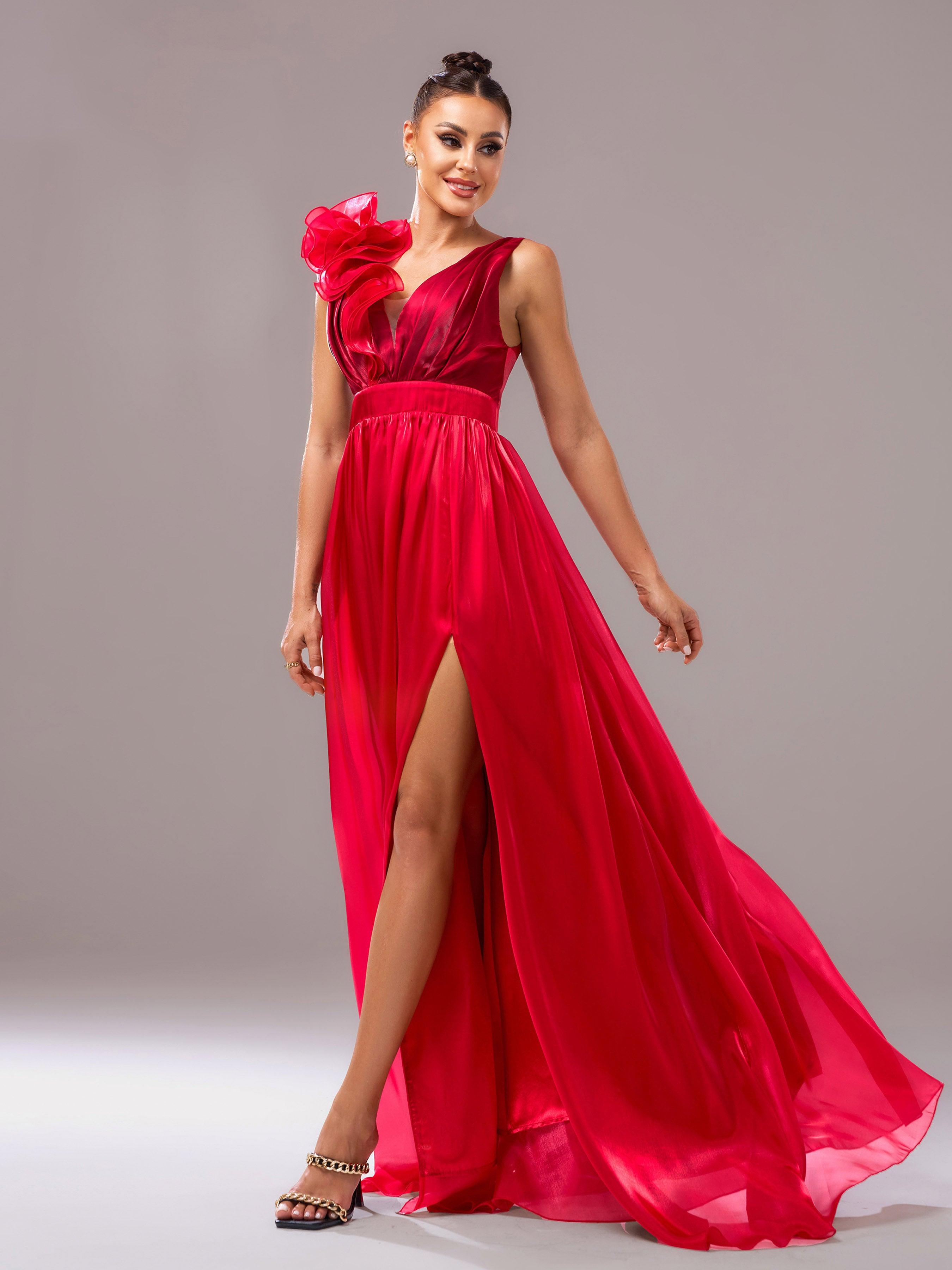 Vestido de noite vermelho de cetim floral com decote em V e corte em A GZ60108