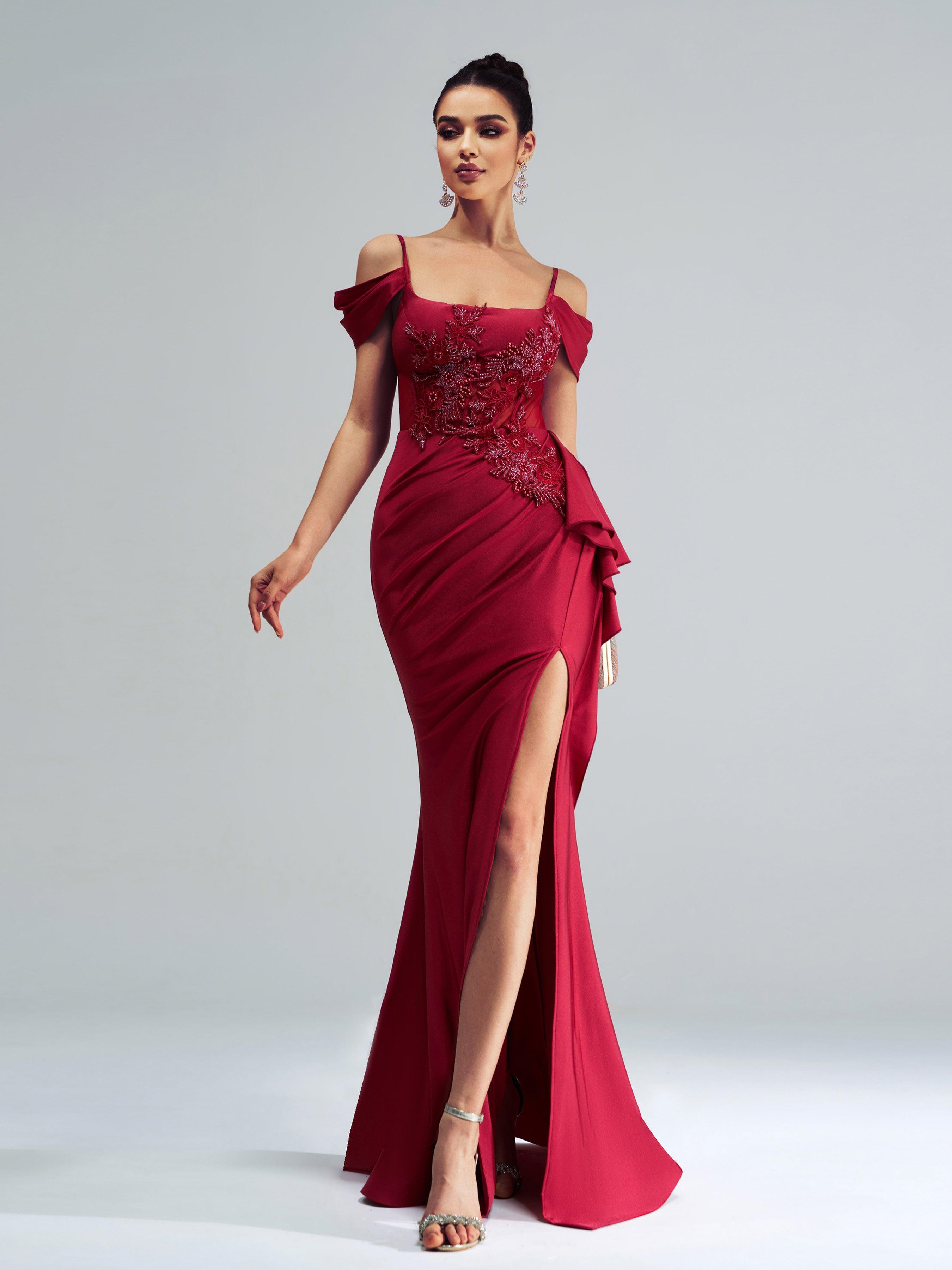 Vestido de baile sereia bordado vermelho com folhos DH80253