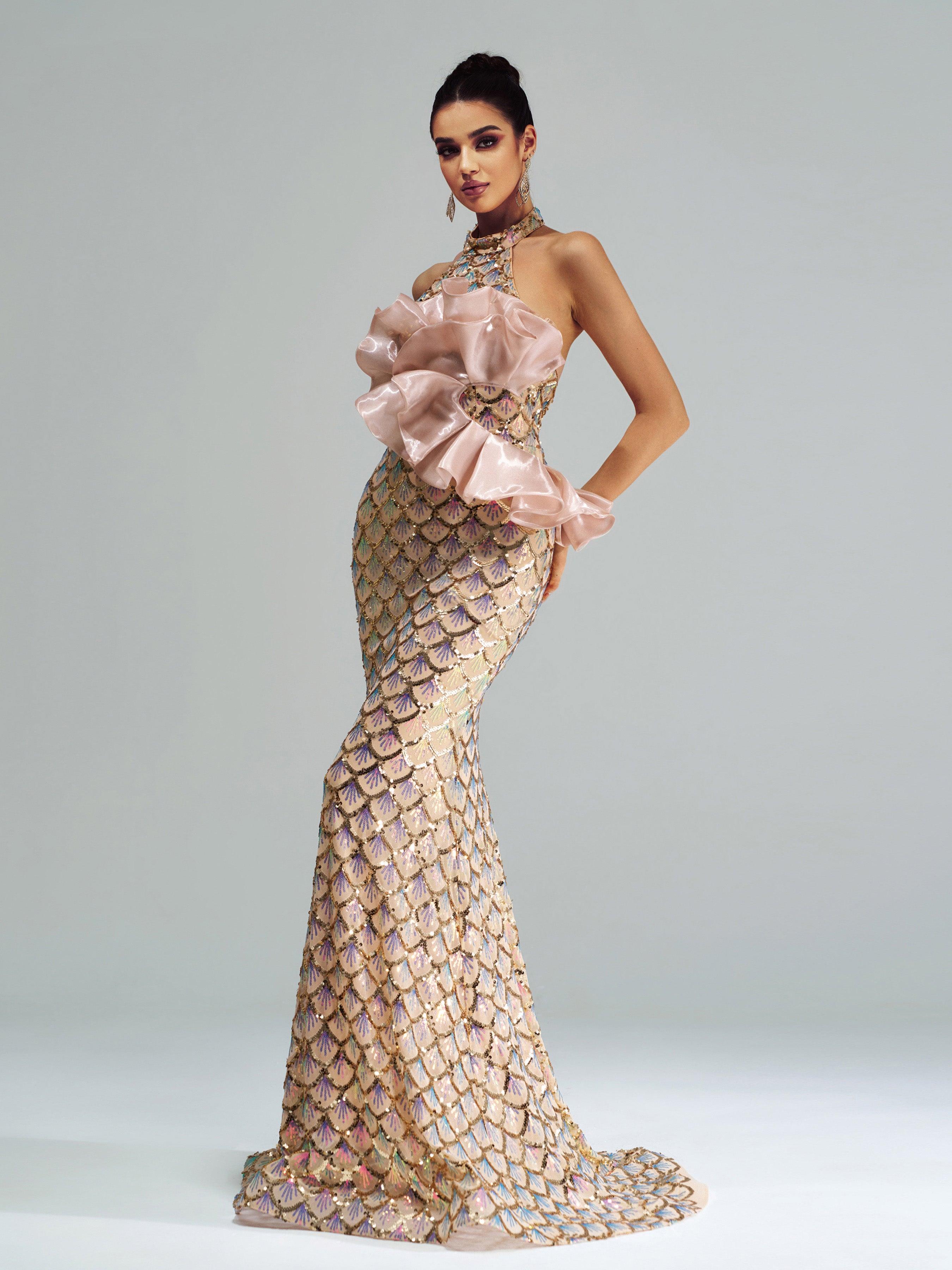 Mermaid Floral Sequin Backless Evening Dress DH80204