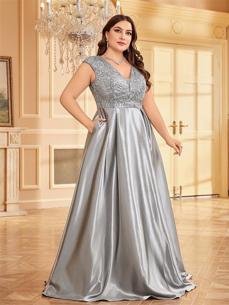 Plus Grey Panel V-hals A-line Prom Dress MCC1232