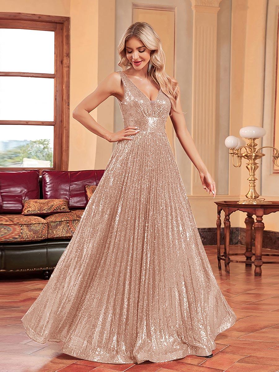 Pailletplisseret A-linje med V-udskæring Prom Dress MCC1236