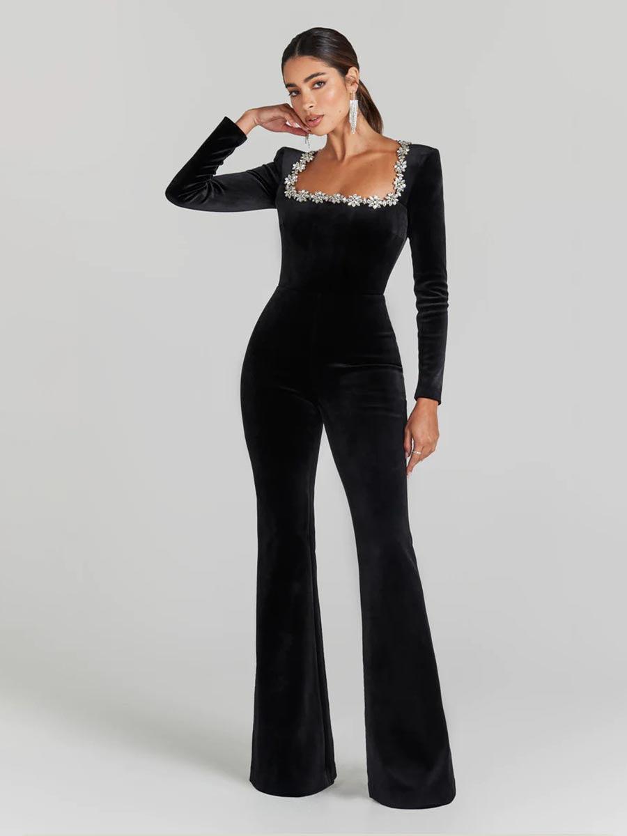 Jumpsuit i fløjl med firkantet hals og rhinsten MYC1033