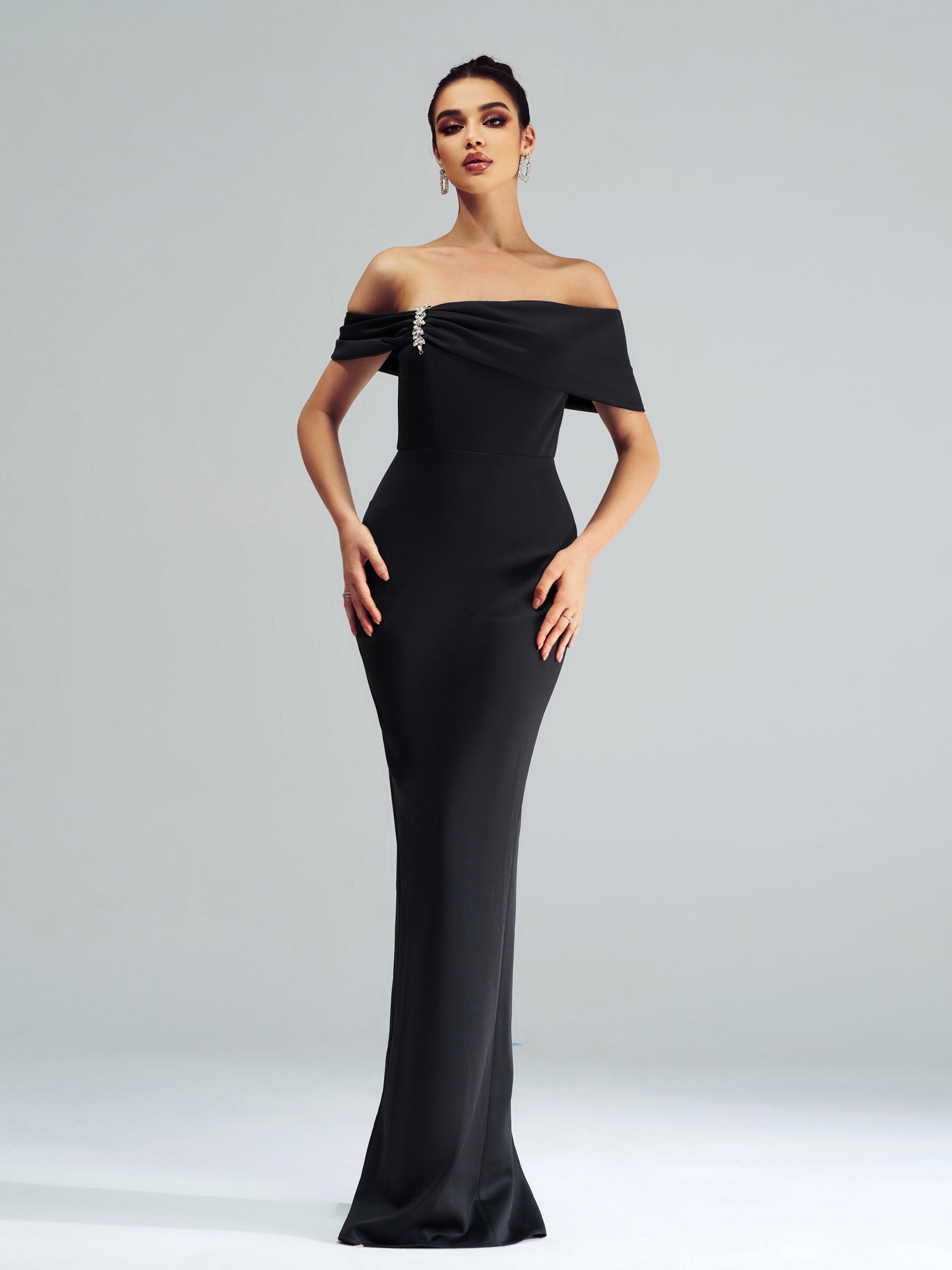 Sort off-the-shoulder-skjortekjole RJ12070