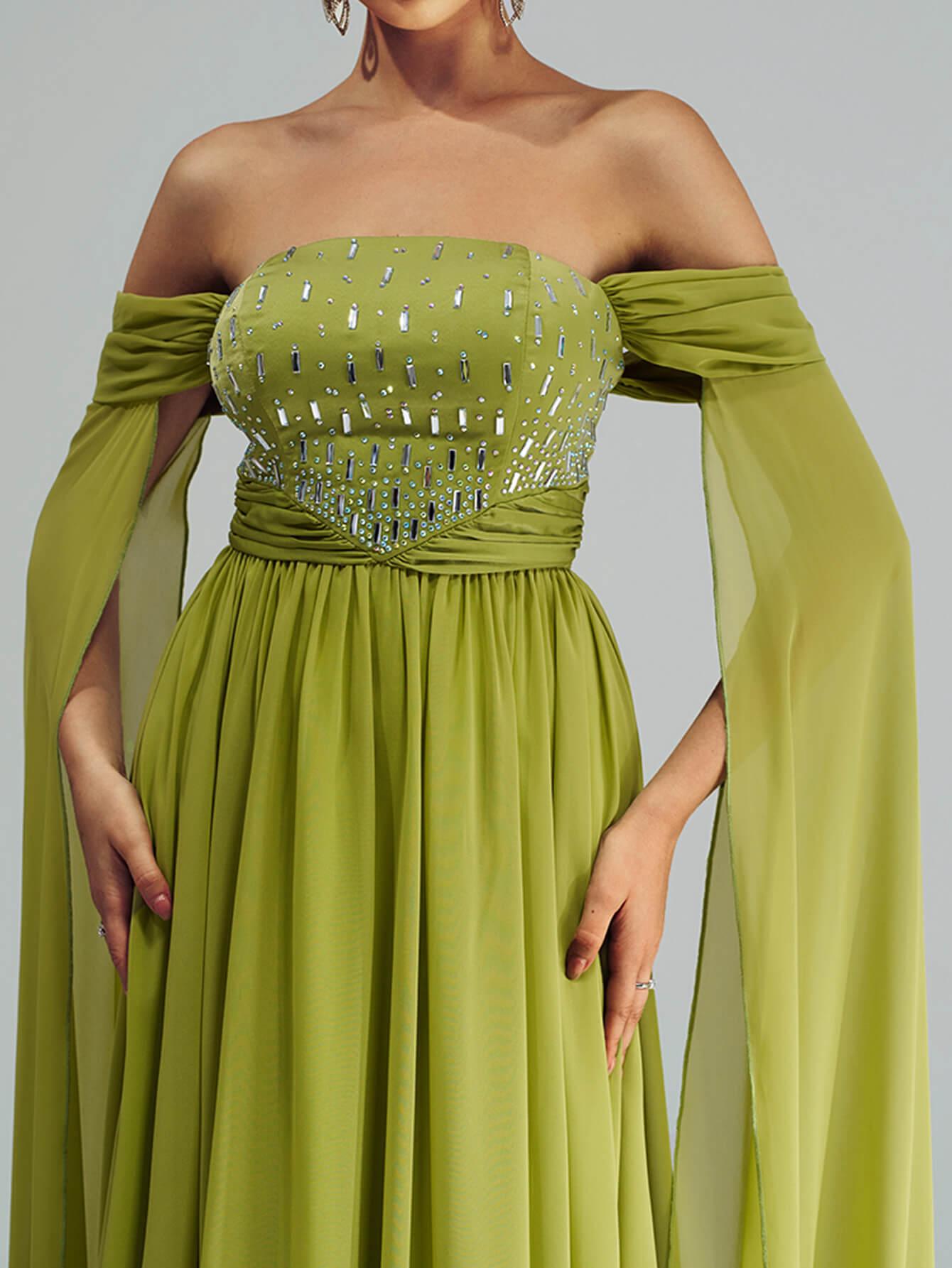 Grøn Chiffon Rhinestone Off Shoulder Prom Dress RX70147