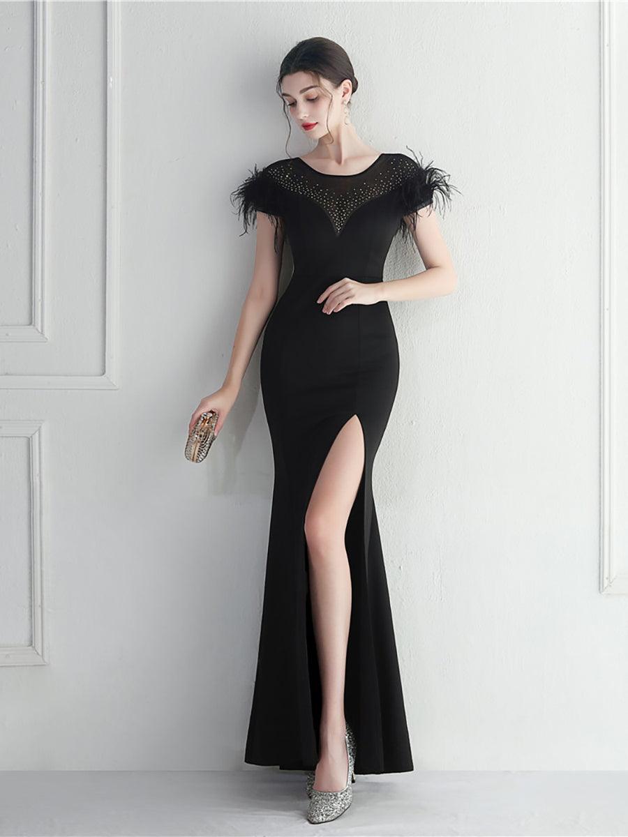 Cocktailkjole med mesh-panel og rhinestone-fjer MCW1137