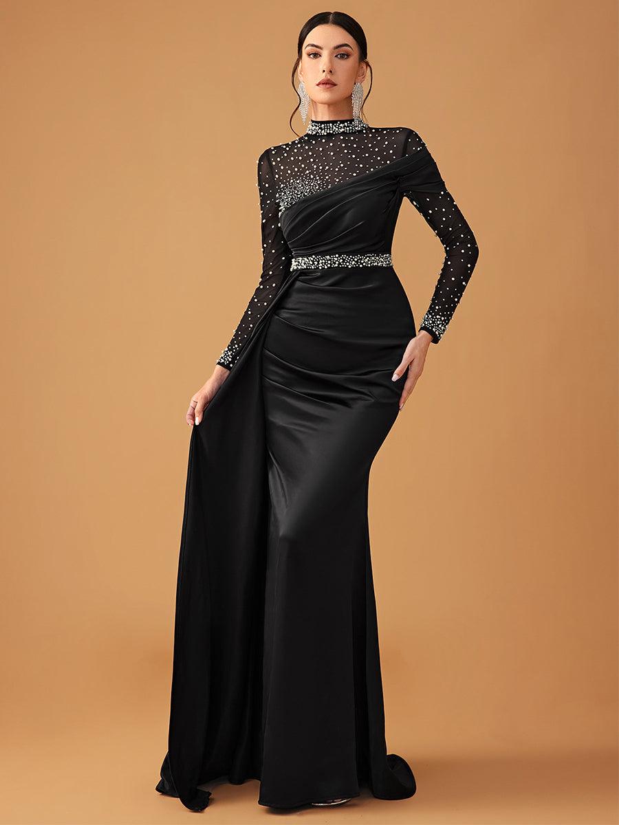 Elegant aftenkjole med netperler og rullekrave i satin GM90146