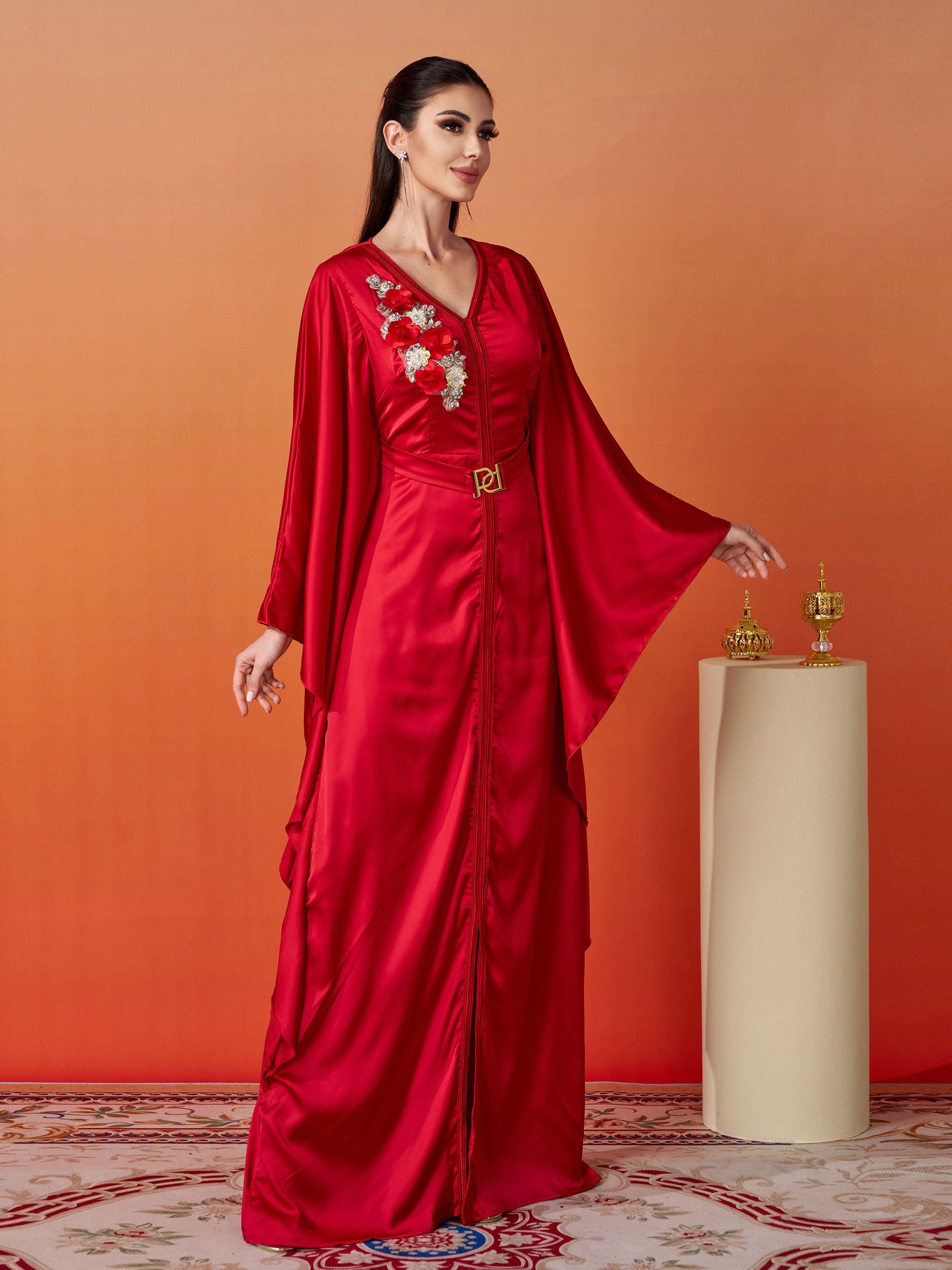 Vestido elegante de cetim com manga em V e decote em morcego MES00420