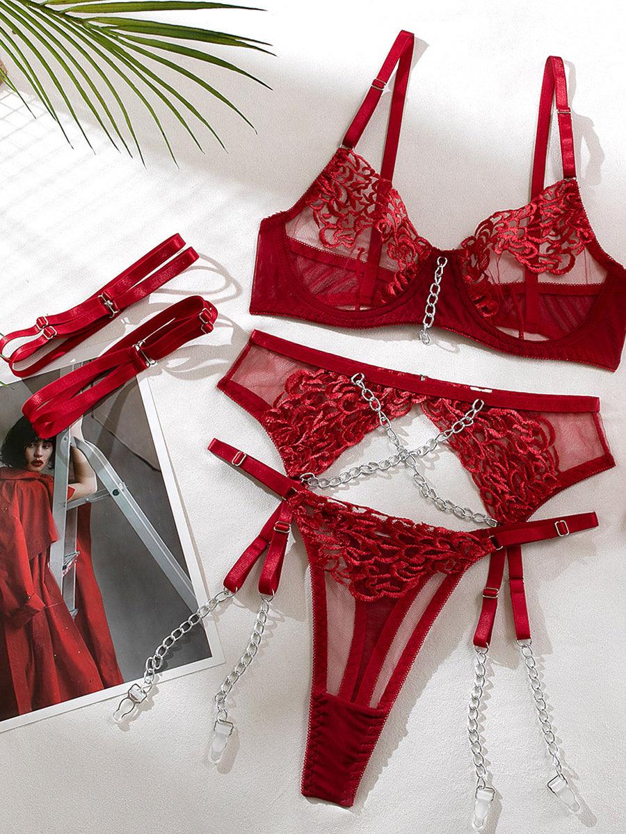 Conjunto de 4 peças de lingerie sexy bordada com corrente de metal MSL034