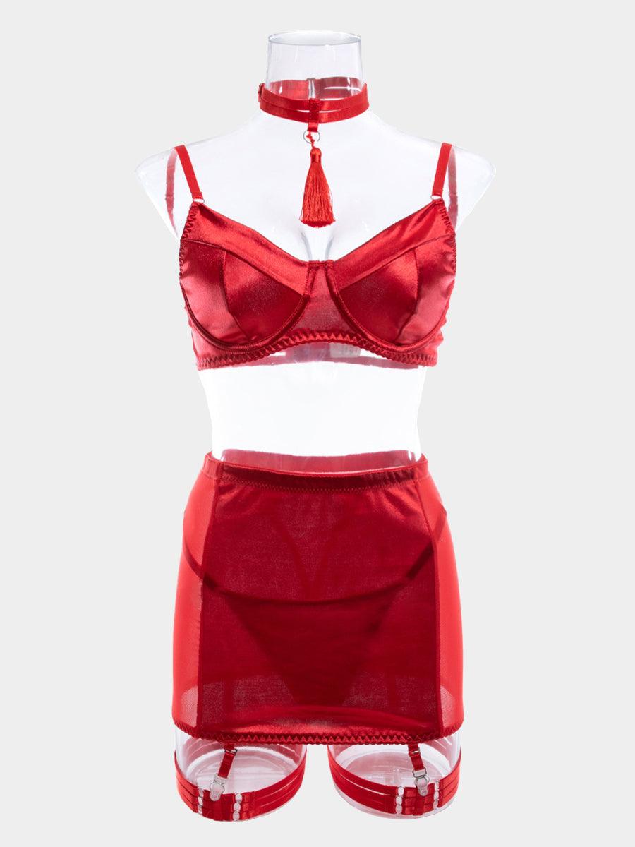 Conjunto de 4 peças de lingerie sexy com borlas de cetim MSL032